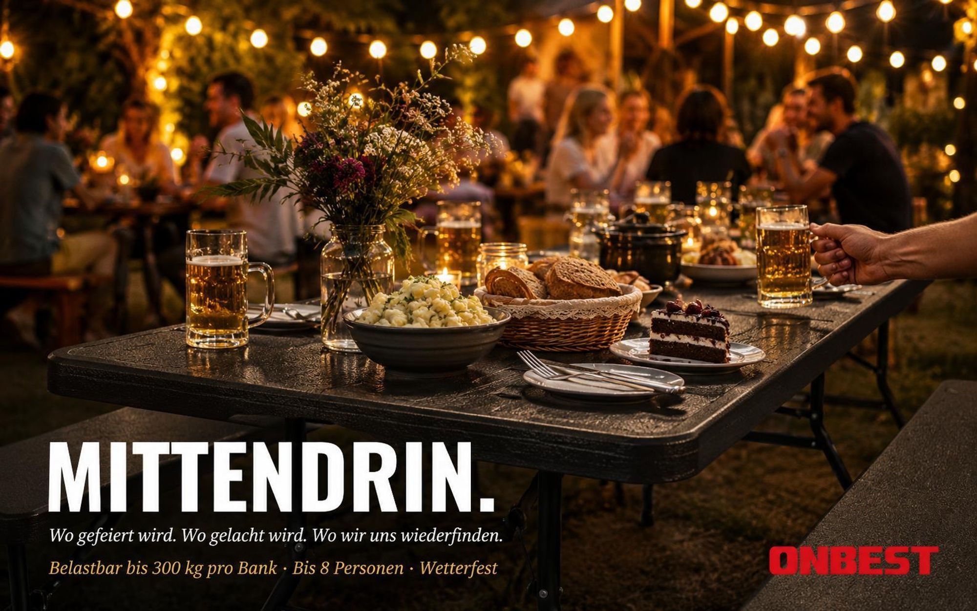 ONBEST Bierzeltgarnitur Woody | klappbar | 300kg | mit Tragegriff | Holzoptik | Wetterfest | Kunststoff