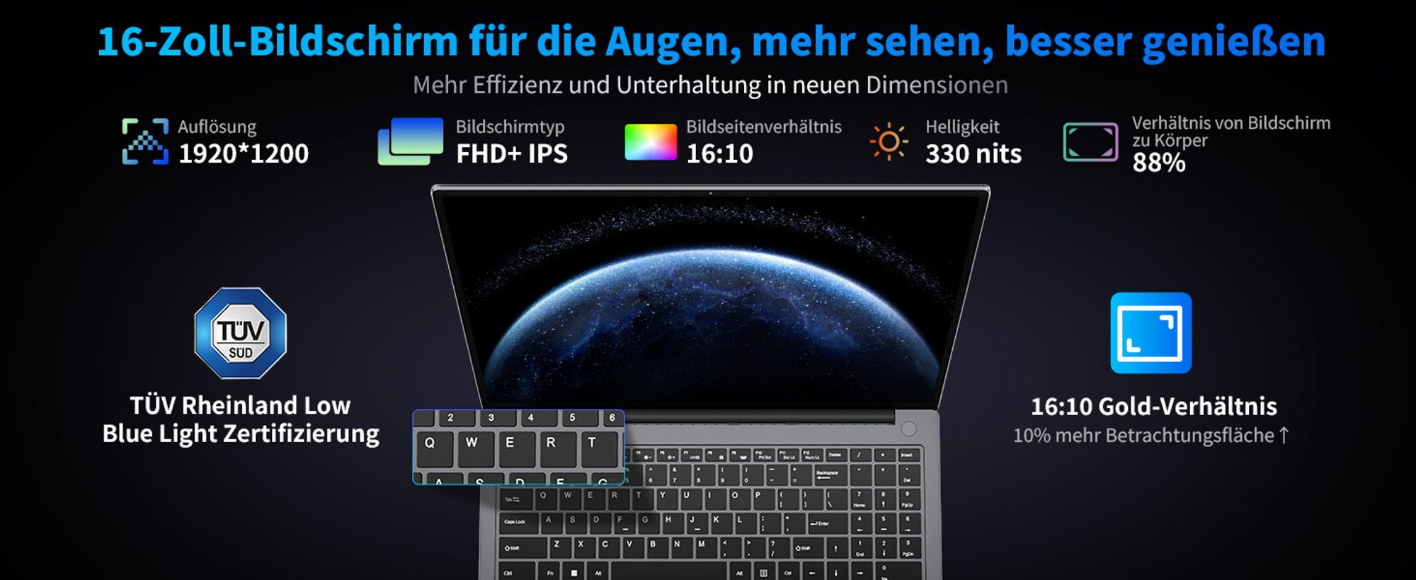 Blackview Notebook 16" FHD Display Acebook12, Intel Core i5-1030NG7 4x3,50 GHz Laptop, 16GB DDR4 512GB SSD/2TB, 180° drehbar, Windows 11, Fingerprint