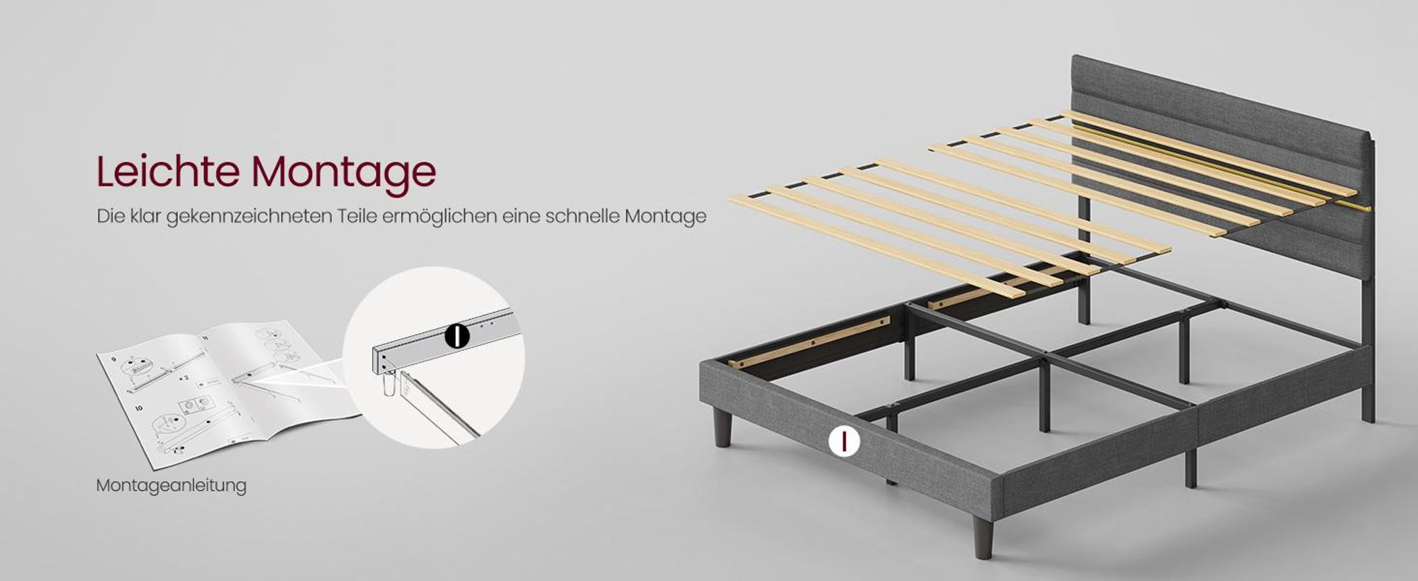 VASAGLE Doppelbettgestell, 160 x 200 cm, geräuscharm, verstellbares gepolstertes Kopfteil, Bettrahmen, robust, mehrfachgrößen-Option