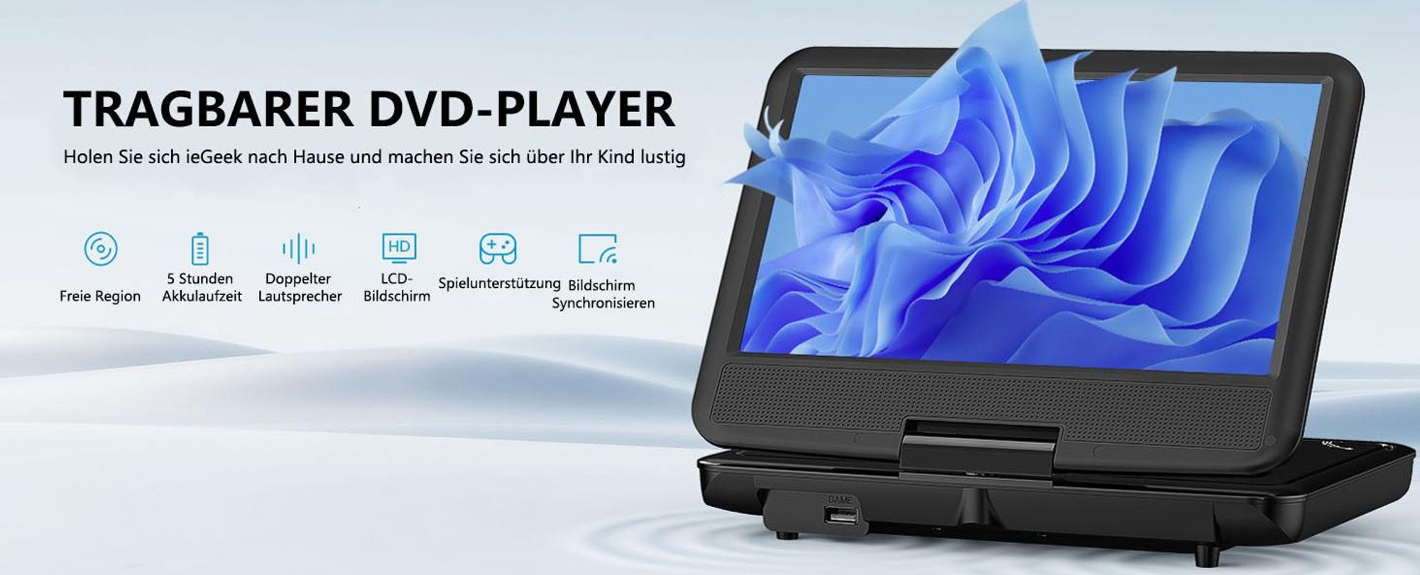 11.5" Tragbarer DVD Player mit 9.5" HD Drehbildschirm für Auto und Kinder mit Autoladegerät und AC Adapter mit32G Karte Schwarz