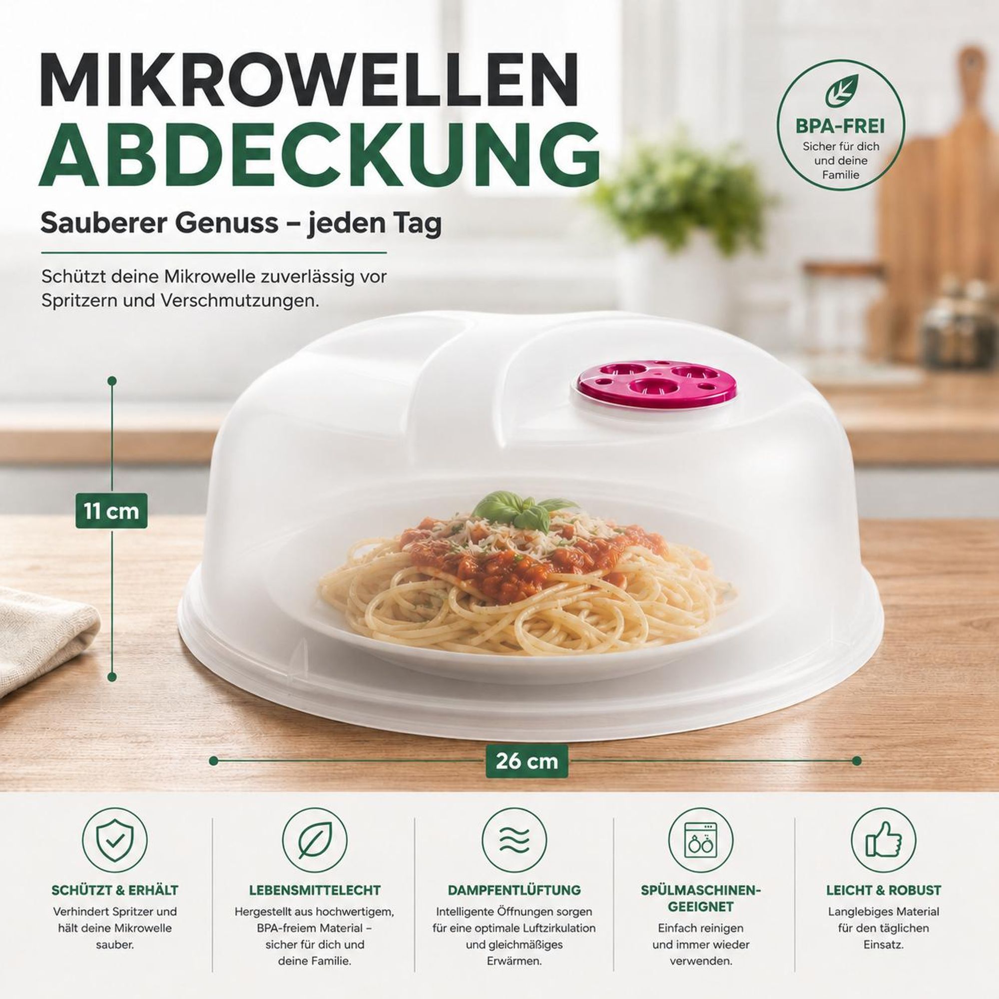 3er Set Mikrowellenhauben Ø 26 x 11 cm – Transparente Mikrowellenabdeckung mit Dampfventil, Spritzschutz & Tellerabdeckung