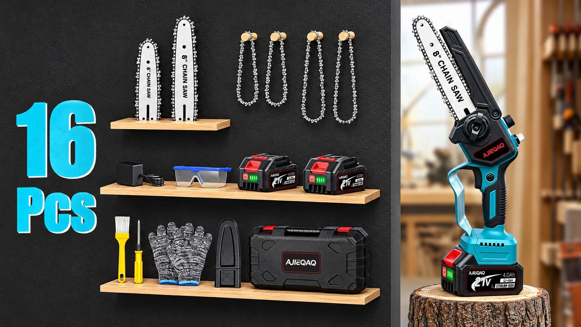 Akku-Kettensäge 6/8 Zoll, 2-in-1 Mini Kettensäge Brushless, 1500W, 2×21V 4,0Ah Akku, Automatische Kettenschmierung, Werkzeuglose Kettenspannung