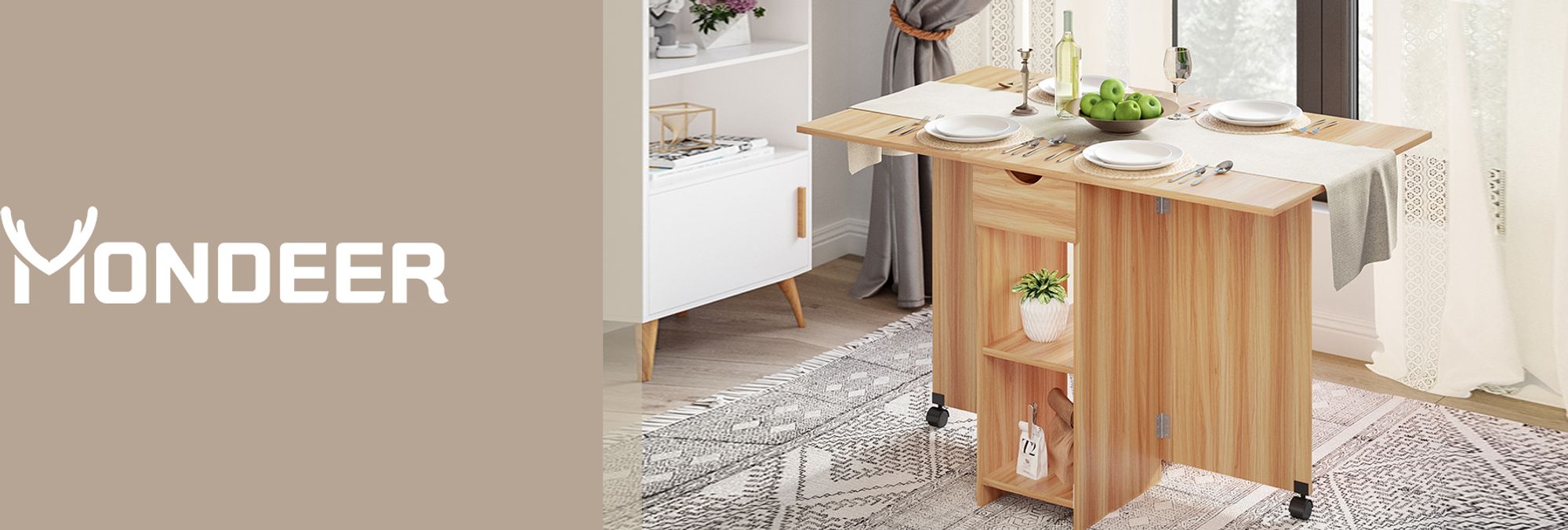 Mondeer Esstisch Klappbarer Küchentisch  mit einer Schublade und zwei Lagerregalkonsolen Esszimmertisch Kaffeetisch mit verstellbaren Füße