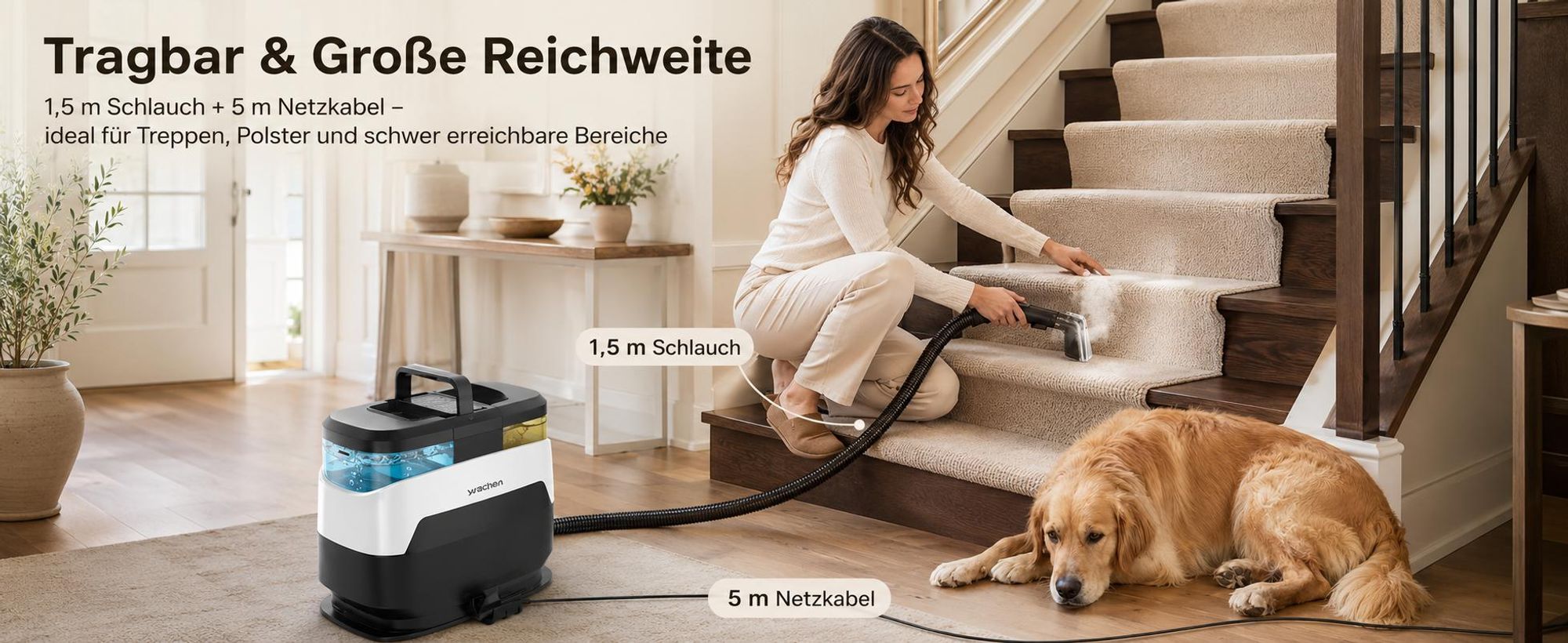 Grenintol Teppichreiniger 35kPa, Dampfreiniger 4 Modi, Waschsauger 1,35+1,25l 2-Tank, Polsterreiniger 1650W, Fleckenreiniger Sofa Auto Matratze