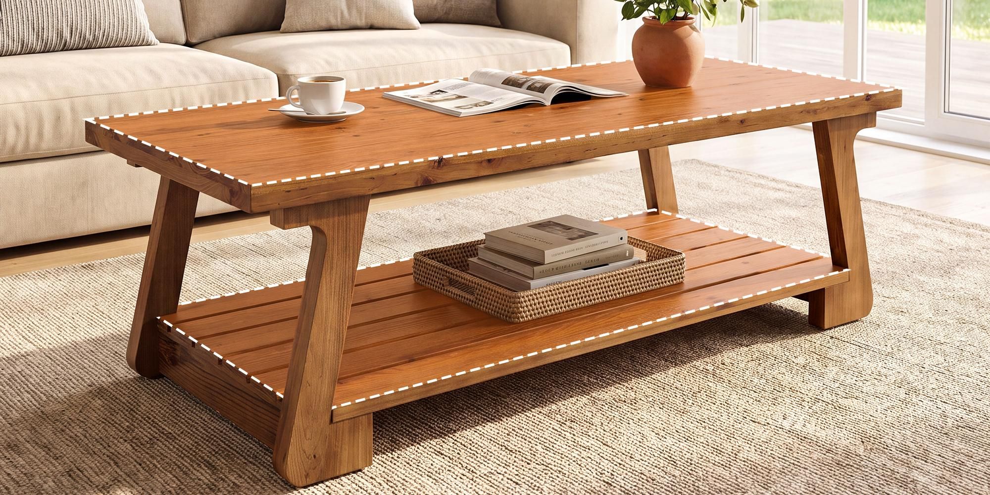 Couchtisch aus Massivholz, 140 cm breiter Beistelltisch mit 2 Ablageflächen für Wohnzimmer und kleine Räume, rustikales Braun