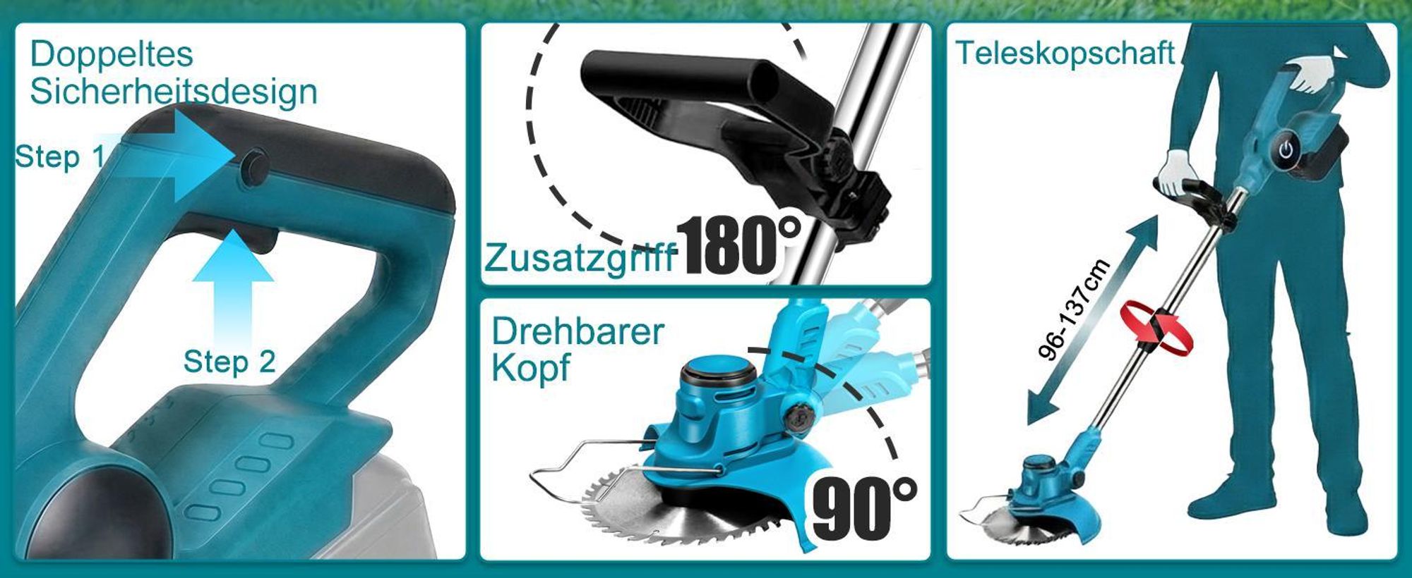 Akku Rasentrimmer, Digitale Anzeige Rasenkantenschneider, mit 2× 4000mAh Akku, mit 5 Klingentypen, Bürstenloser Motor, Gartengerate mit Unkrautbürste