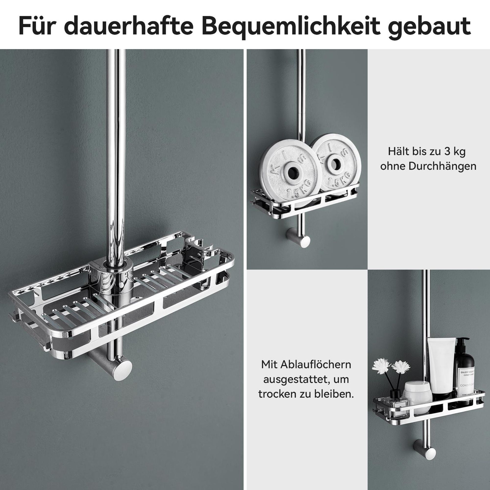 Auralum 70 cm Duschstange aus Edelstahl–Wandmontierte Duschsäule mit Ablage, kein Bohren erforderlich, moderne Duschstange, Chrom