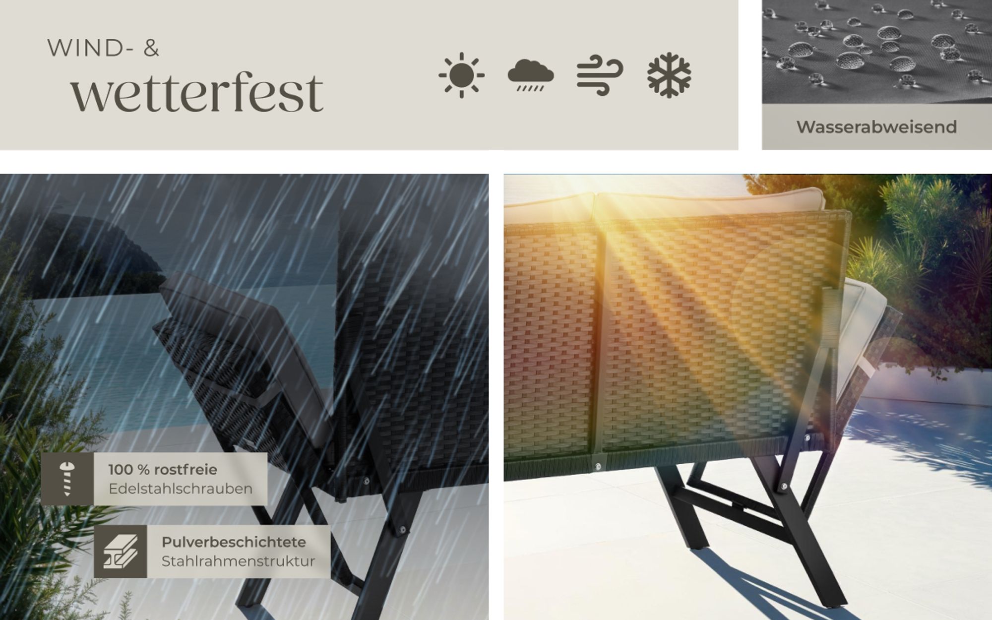 tectake® Rattan-Loungesofa Sintra 2in1 Funktion UV-beständiges und wetterfestes Geflecht