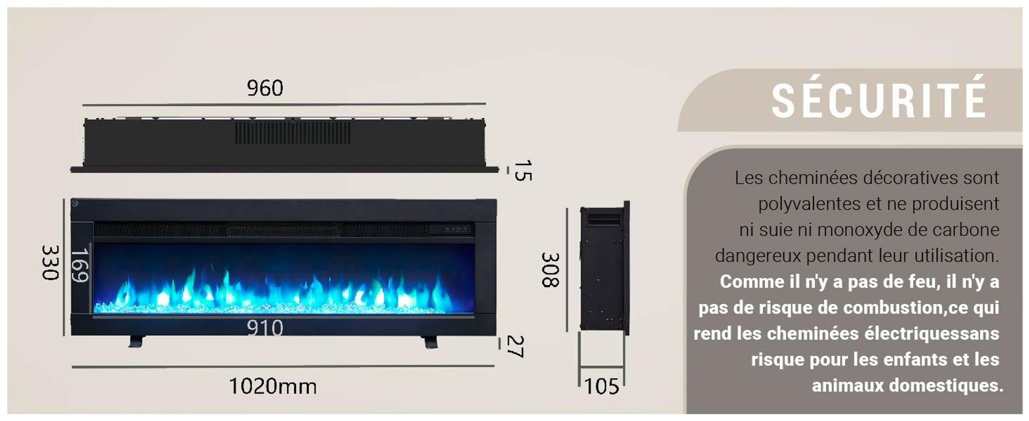 Cheminée électrique encastrable BALDERIA Agnes 40 – Puissance de chauffage jusqu'à 1 800 W, noire