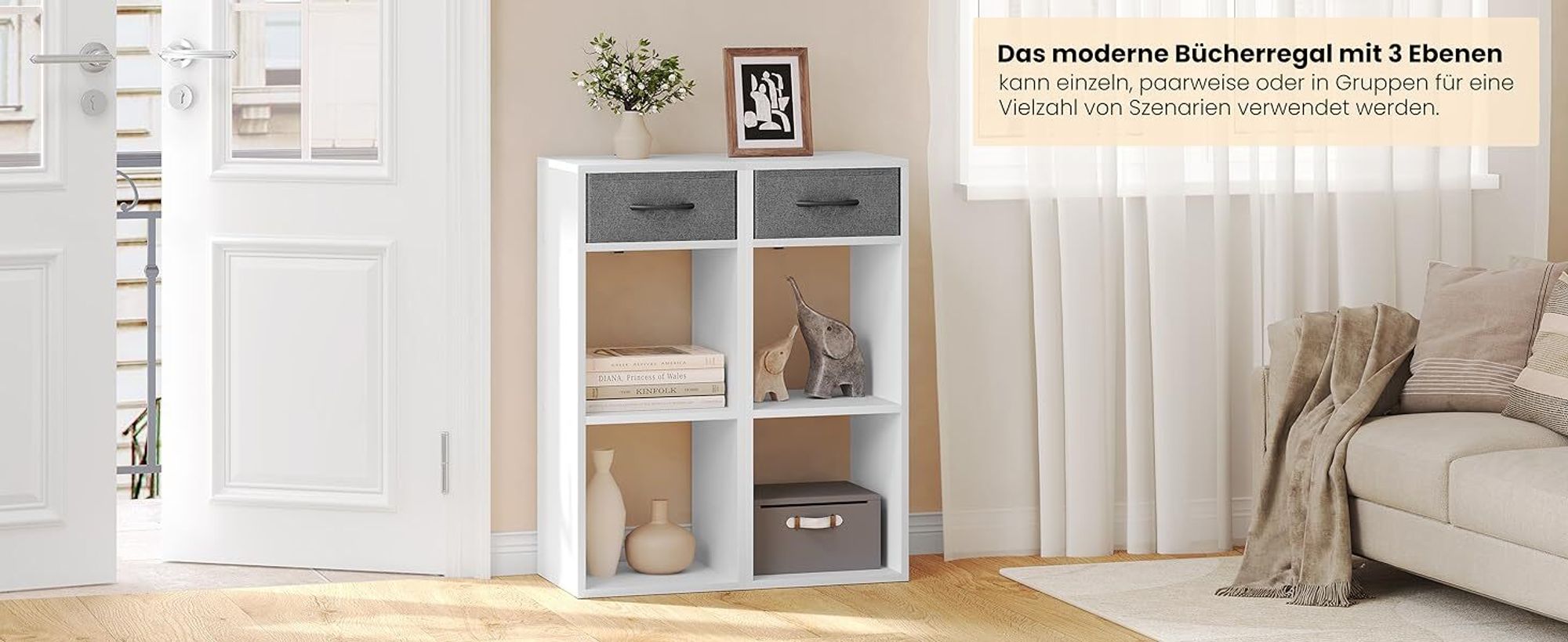 WOLTU Bücherregal mit 3 Ebenen, 1 Stoffschublade 2 Würfeln, 32,4x80x30 cm, Weiß