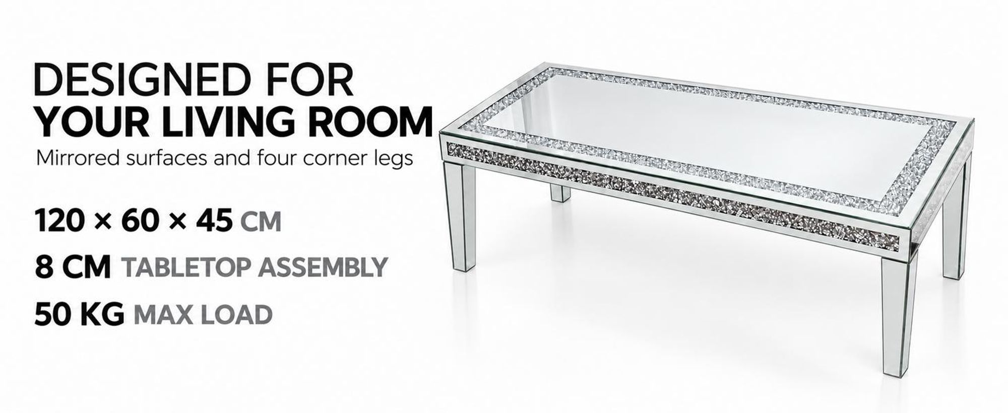 Vrygle Couchtisch verspiegelt 120x60x45 cm, Glas mit Kristall-Nachbildung, Silber