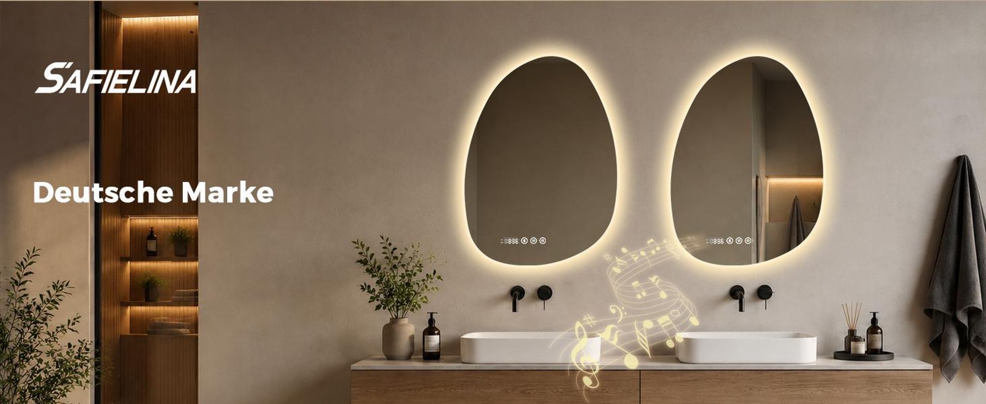 S'AFIELINA Badspiegel mit Beleuchtung Asymmetrisch 60 x 45 cm mit 3 Lichtfarben dimmbar, beschlagfrei, Bluetooth, Uhr, Temperatur, Speicherfunktion