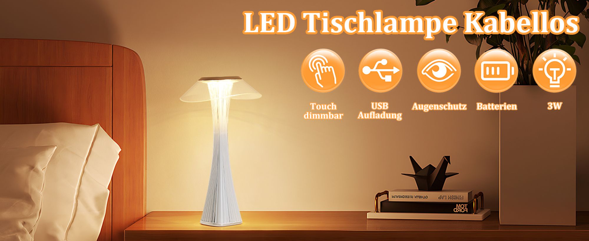ZMH LED Tischlampe Touch Dimmbar 3000-6500K Weiß Nachttischlampe mit Akku Innen und Aussen Beleuchtung Tagbare Tischleuchte Aufladen Leseleuchte mit USB für Schlafzimmer Wohnzimmer Restaurant Hotel