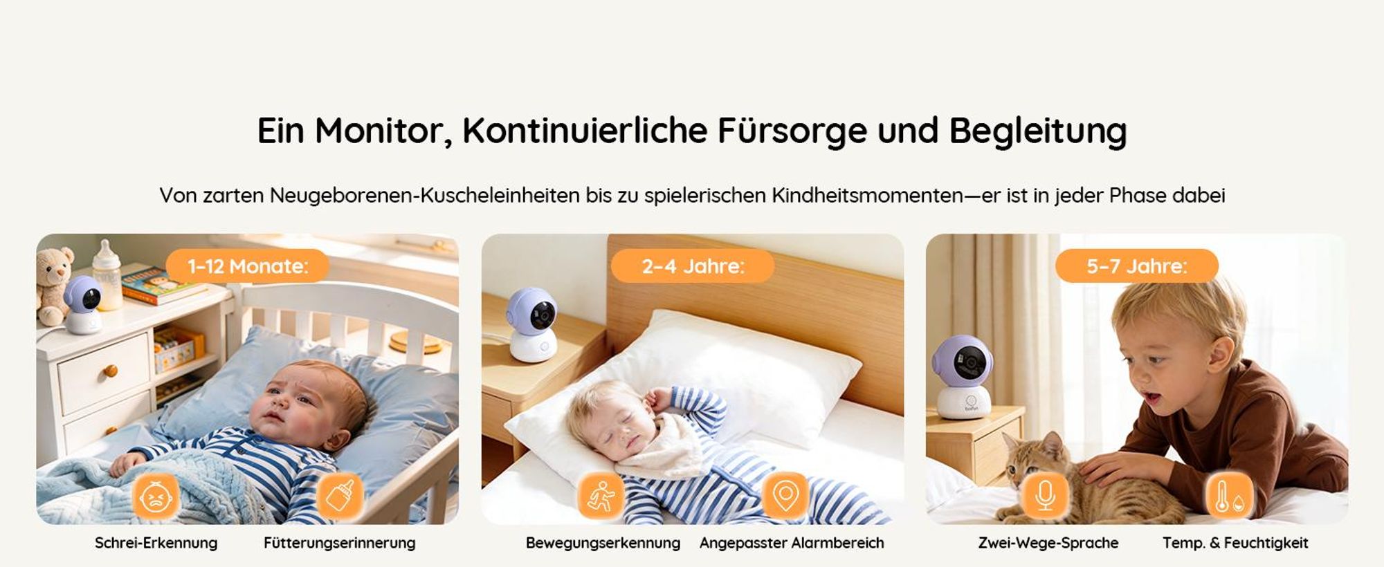 5 Zoll Babyphone mit Kamera 2K Babyfon Video PTZ 355° Bewegungs und Geräuscherkennung Temperatur Luftfeuchtigkeit mobiles Tracking