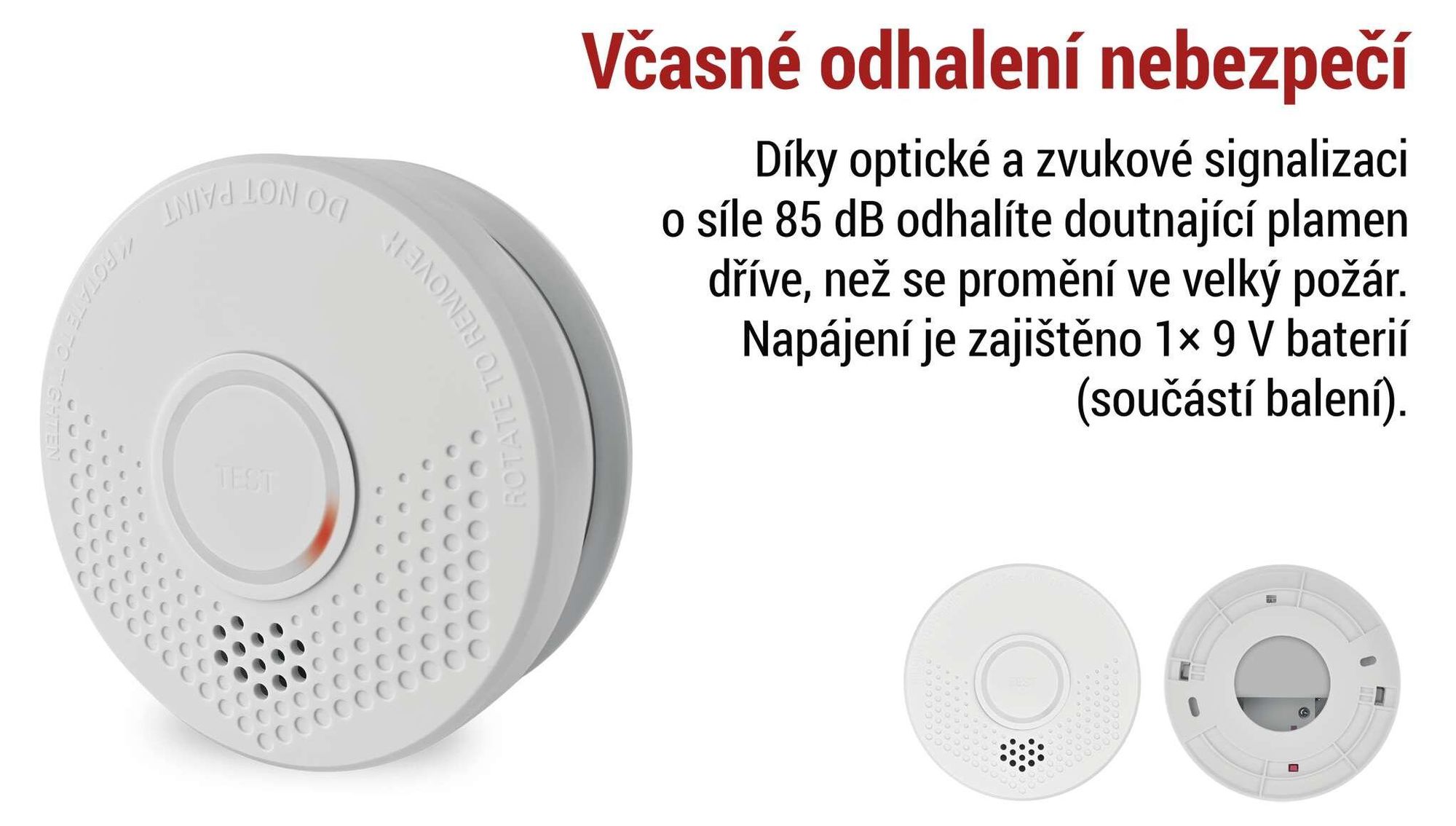 EMOS detektor kouře pro montáž na strop a stěnu, akustická signalizace 85 dB, optický výstražný signál LED, životnost 10 let, včetně baterie, P56503X