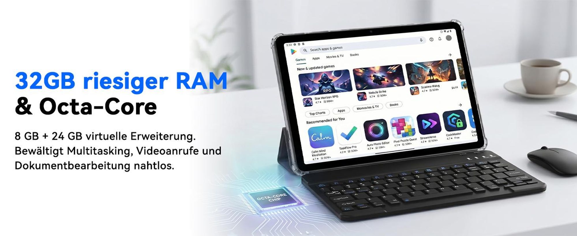 TABWEE T70 11“ Tablet, 32(8+24)+256GB, Android 16, 8000mAh, BT5.0, Face ID, Widevine L1, Rheinland, Umfasst Tastatur, Maus, Eingabestift usw