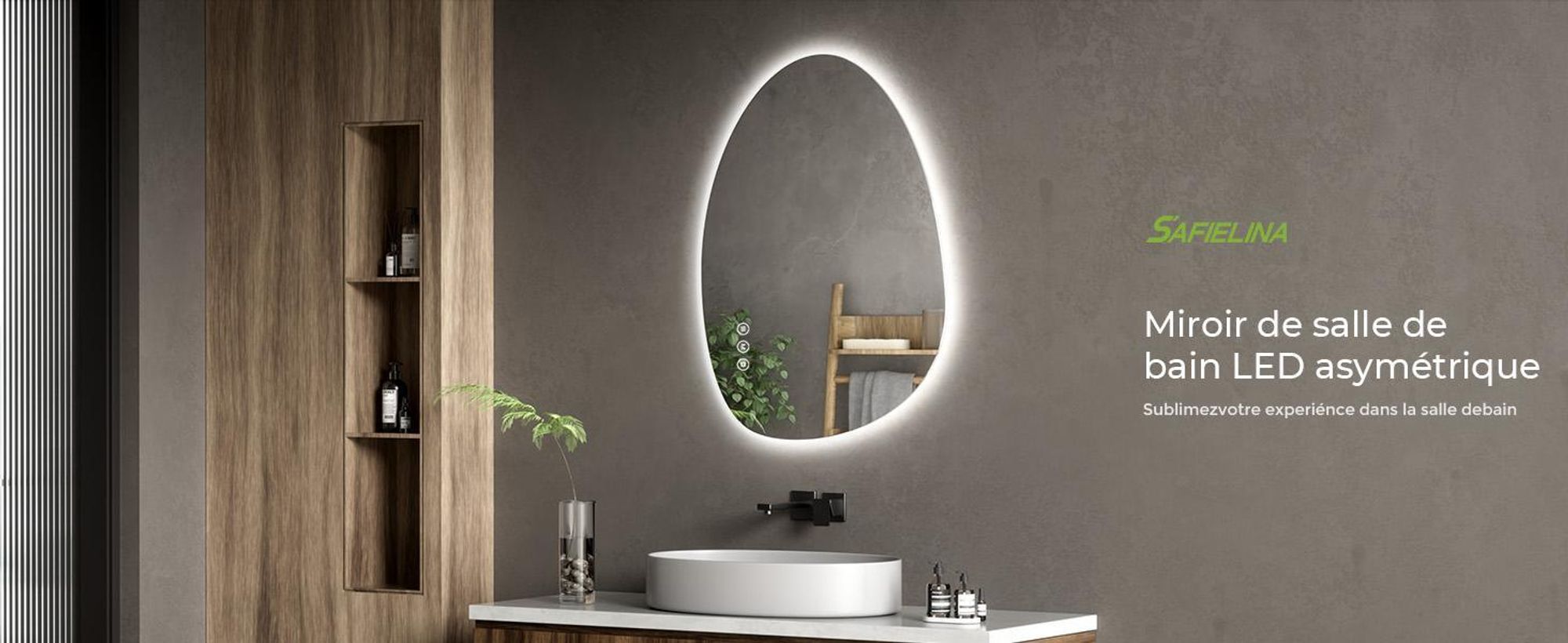 S'AFIELINA Miroir de salle de bain, Interrupteur LED tactile, Asymétrique, 3 couleurs de lumière réglables, anti-buée et fonction mémoire, 75×55cm