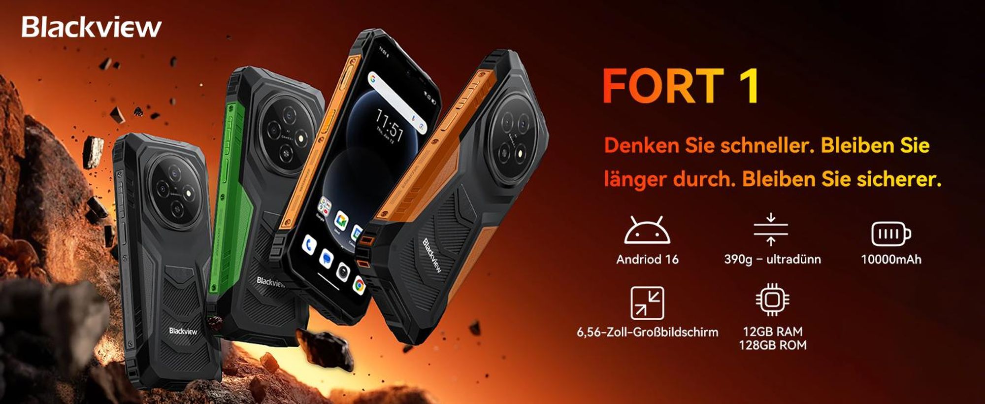 2026 Blackview FORT 1 Outdoor Handy ohne vertrag,12+256GB, 10000mAh,6.56",Android 16,NFC/390g/Dual SIM/Fingerabdruck//IP69K ,90Hz