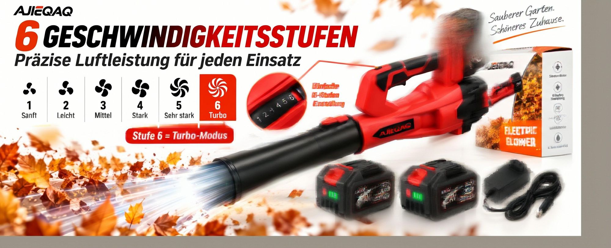 Aku foukač listí 21V Brushless, 2×4,0Ah baterie, 320 km/h, 6 stupňů s Turbo režimem, 1000W, bezdrátový foukač se 2 trubicemi