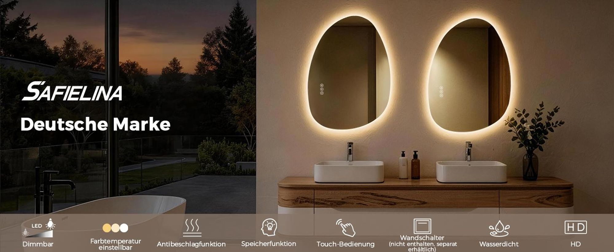 S'AFIELINA Badspiegel mit Beleuchtung 60×45cm LED Touch Schalter Wandspiegel 3 Lichtfarben und Dimmbar, Anti-Beschlag- und Memory-Funktion