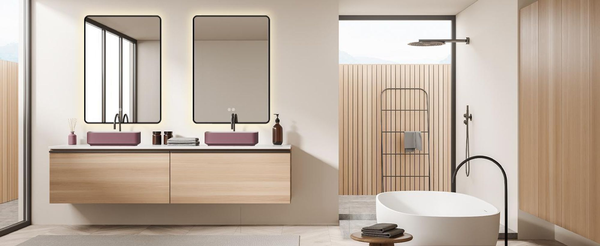 HOKO Miroir de salle de bain antibuée LED 60x80cm avec cadre HAUT+QUER Montage Interrupteur tactile+lumière alternante blanc chaud-blanc froid-neutre Interrupteur mural activable