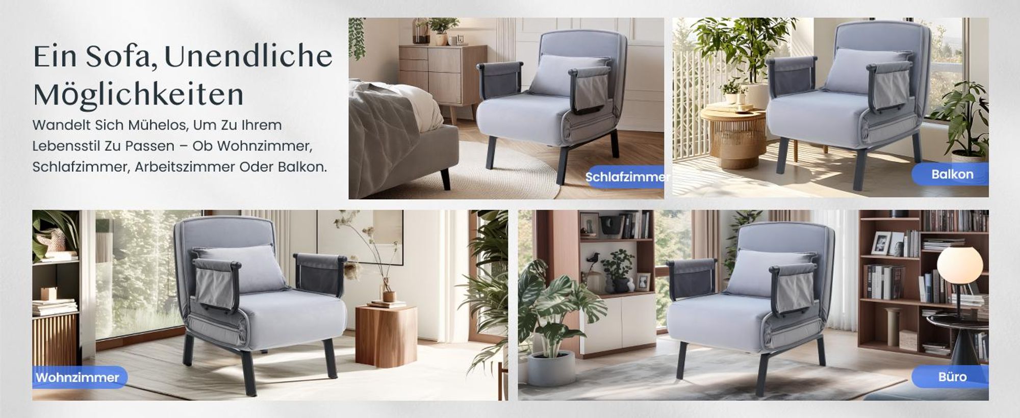 FlexiSpot 3-in-1 Schlafsessel mit Bettfunktion, Verstellbare Rückenlehne, Klappbare Beine, Seitentasche, Platzsparend für Wohnzimmer/Büro (Grau)