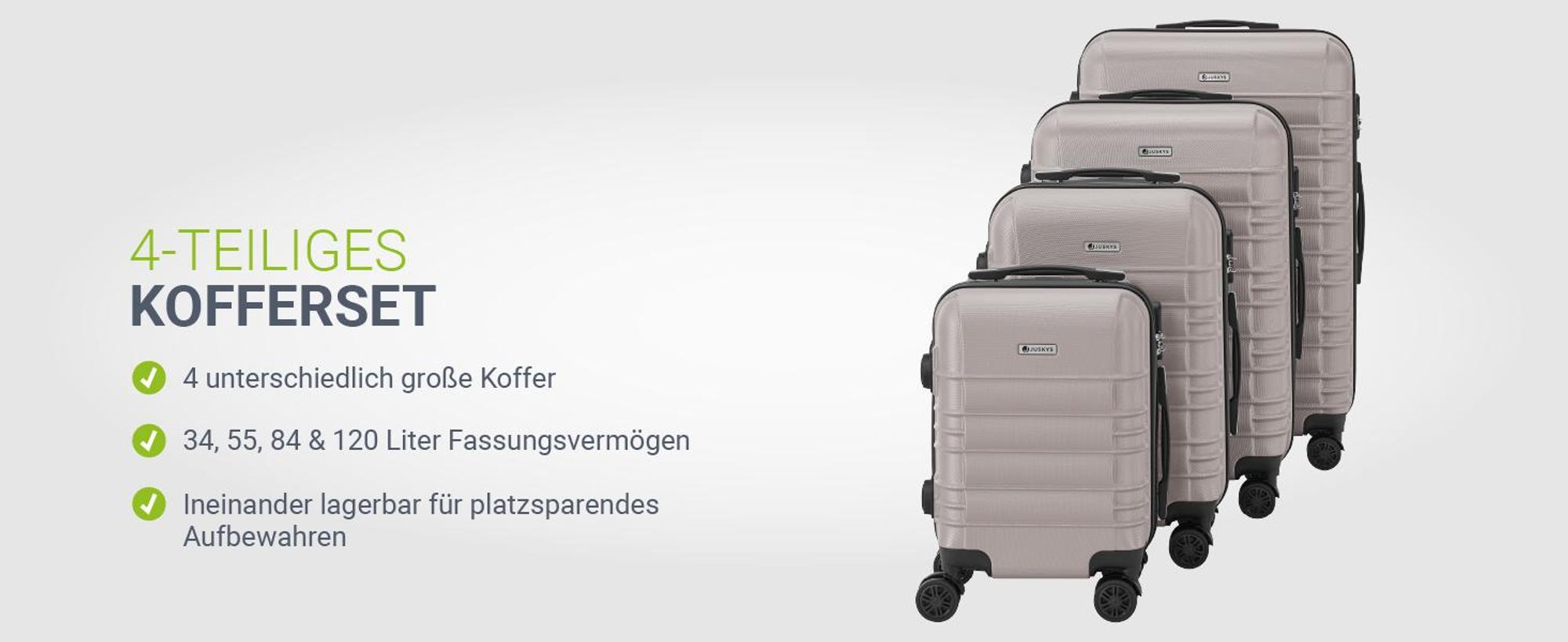 Juskys Hartschale Kofferset Reisekoffer 4 teilig - Zahlenschloss, geräuscharme 360° Rollen groß, Teleskopgriff, leicht - Koffer in Champagner
