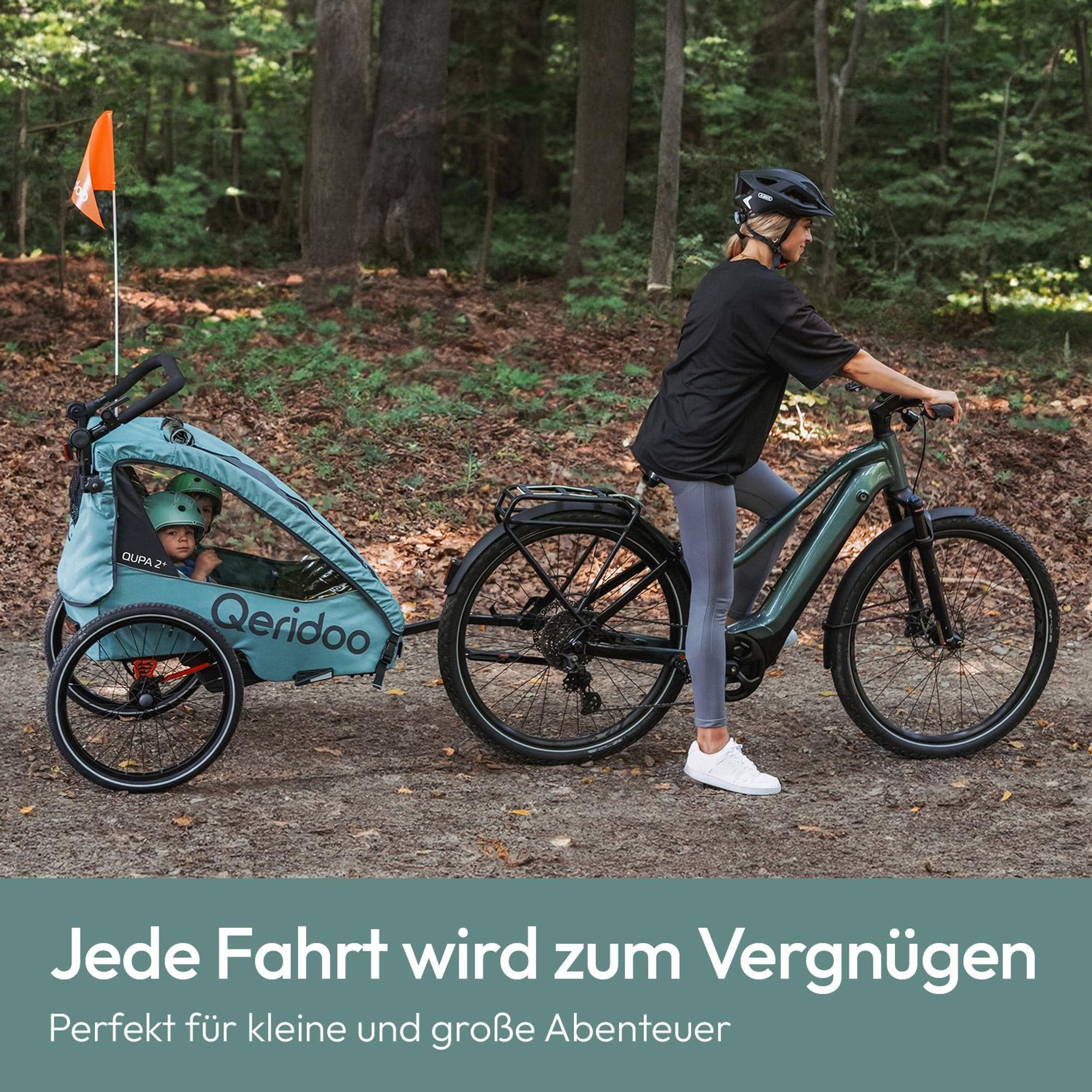 Qeridoo QUPA Plus 2 - Kinderfahrradanhänger für 2 Kinder, Farbe: Mineral Blue
