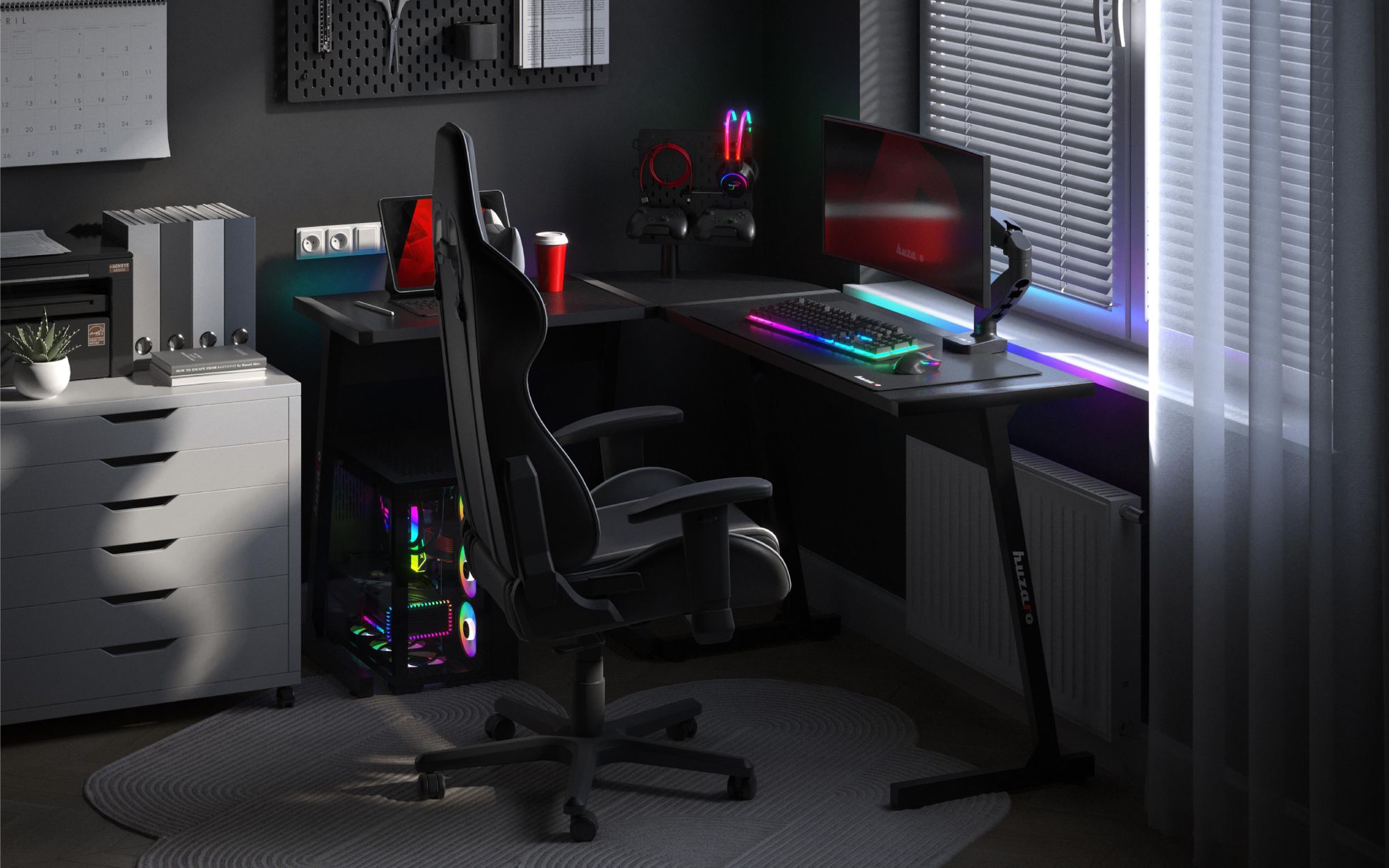 Hero 6.0 RGB | L-Form Eckschreibtisch Gamingtisch Schreibtisch | LED-Beleuchtung mit Musik synchronisieren | Rechts Links Montage 147 x 112 | Schwarz