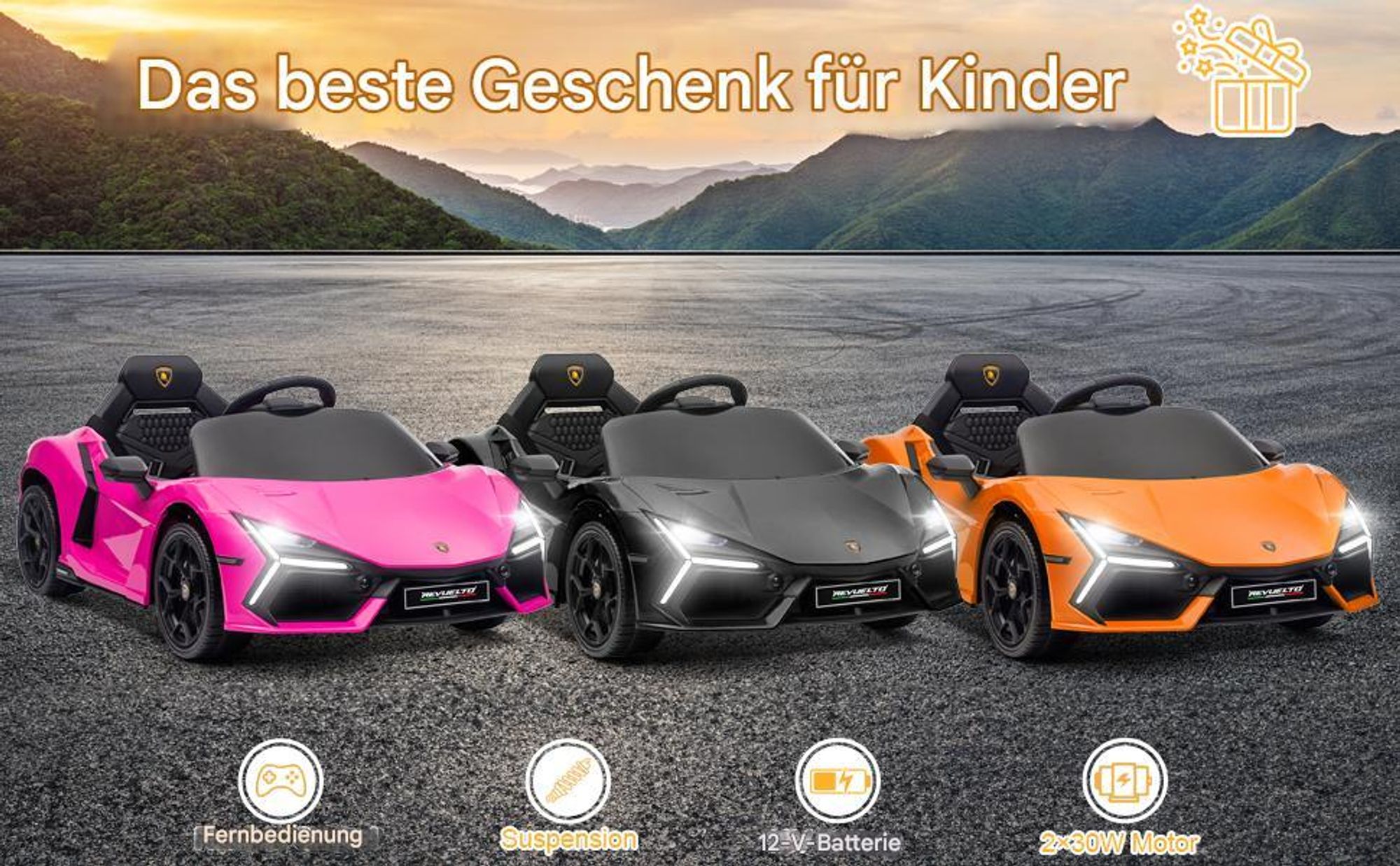 Lamborghini Revuelto, 12V Kinder-Elektroauto mit 2.4GHz Fernbedienung, drei Geschwindigkeitsstufen, Rosa