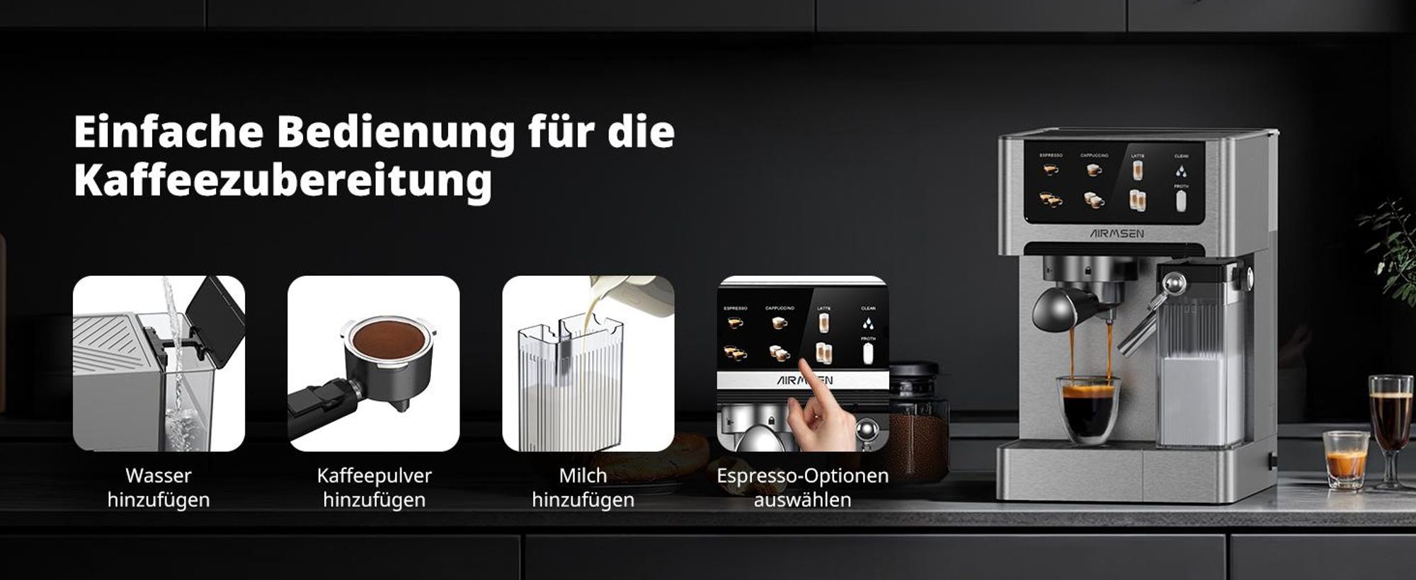 AIRMSEN Espressomaschine,20Bar,mit Milchsystem,Kaffeemaschine mit Touchscreen,Heiß-und Kalt-Extraktion,Bedienung per Knopfdruck,automatische Reinigung