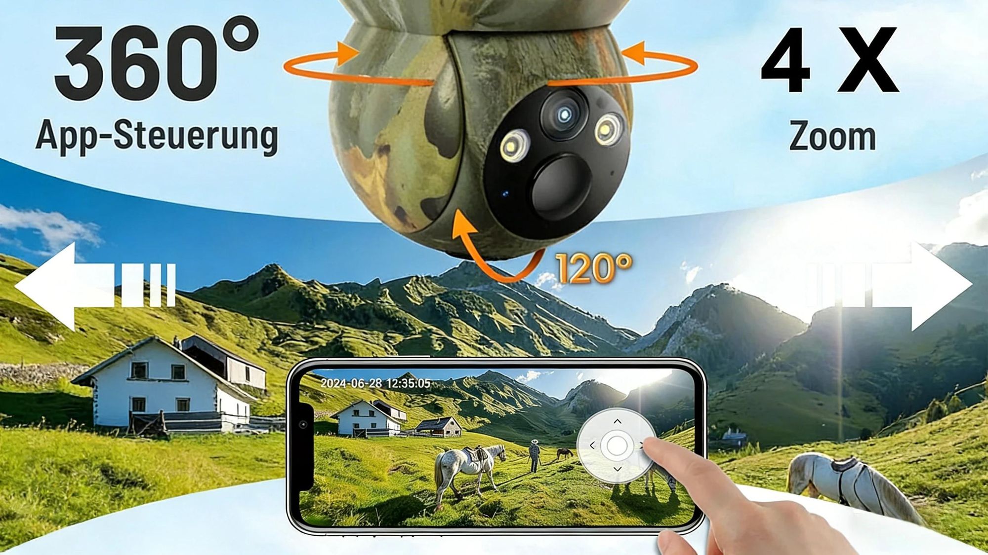 4G LTE Wildkamera mit SIM-Karte und App 2K Überwachungskamera Aussen Solar 336° PTZ Überwachungskamera Aussen Akku 4G Jagdkamera Wildtierkamera