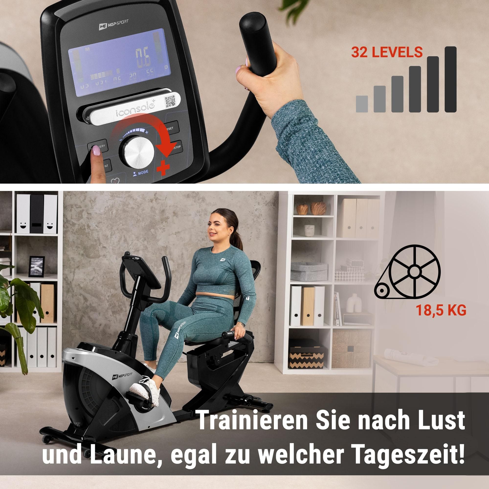 HOP SPORT® Liegeergometer für Zuhause mit 16 verstellbaren Widerstandsstufen, Leise Liegerad Heimtrainer mit Smart Bluetooth APP, Großer Bequemer Sitz