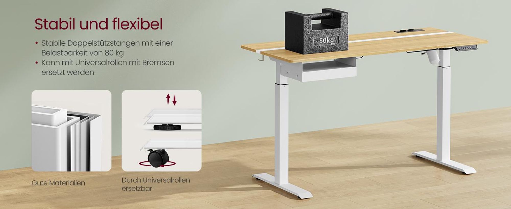 VASAGLE Höhenverstellbarer Schreibtisch elektrisch, mit Steckdose und Schublade, 70 x 160 cm Memory-Funktion, goldeichenfarben-wolkenweiß