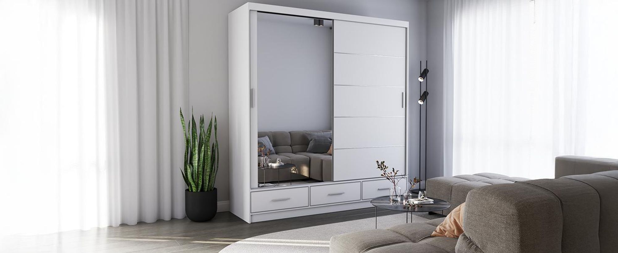 Schwebetürenschrank Kleiderschrank 203 cm Weiß/Weiß semigloss mit Spiegel Florence