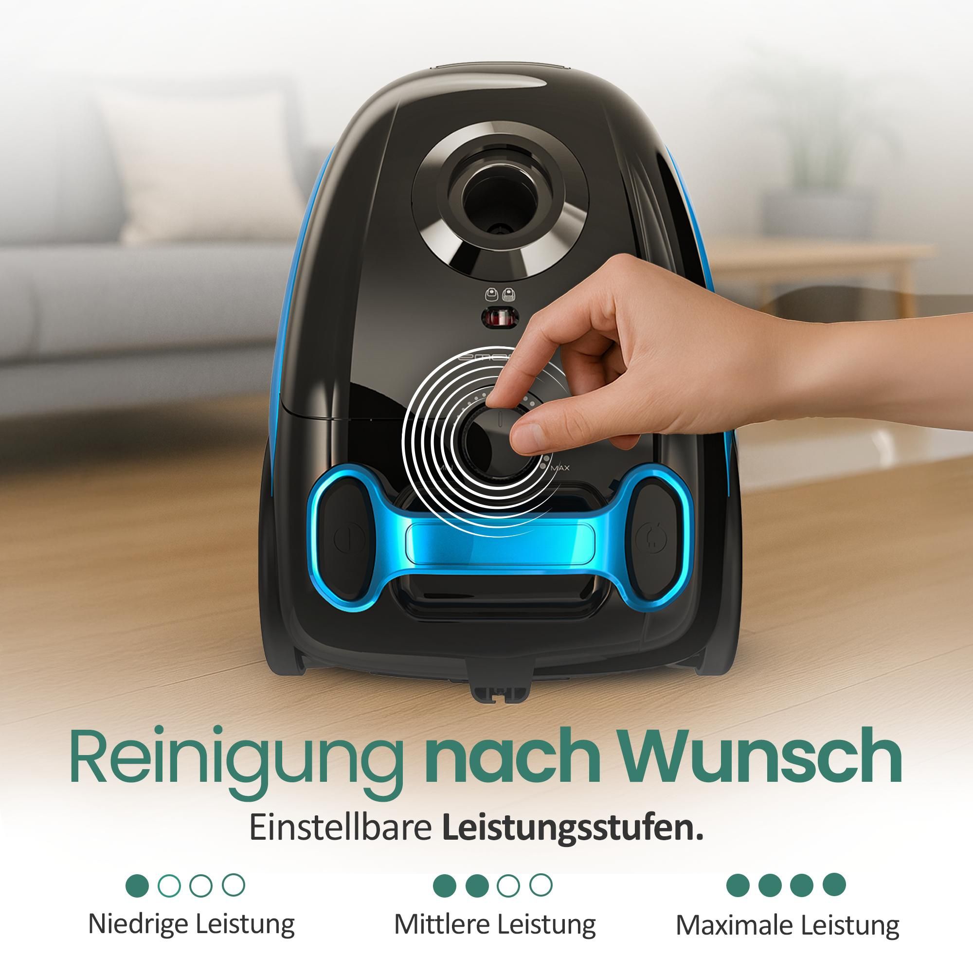 Emerio Staubsauger mit Beutel – 2,5 Liter – HEPA10-Filter – Kabellänge 5 m – 800 W – VE-112682.8 – Schwarz / Blau
