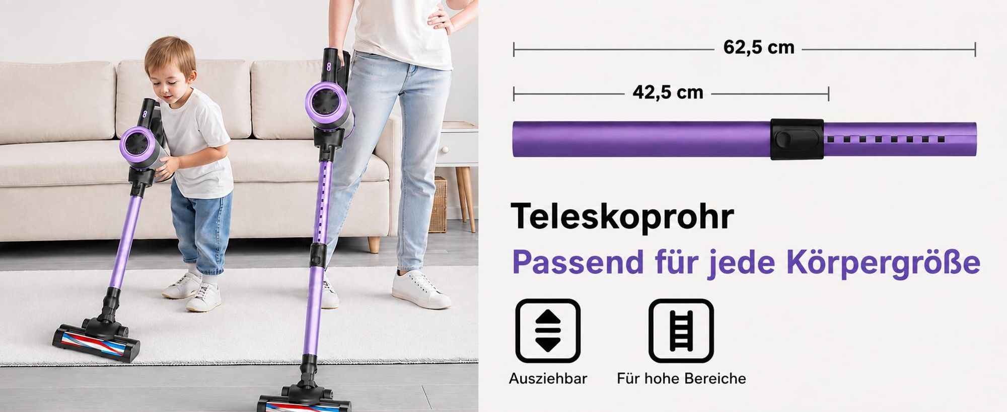 Akku Staubsauger, 500W/32000 Pa Staubsauger kabellos mit HEPA ,45 Min, kabelloser Staubsauger,Anti-Tangle-Staubsauger, Handstaubsauger für Tierhaare