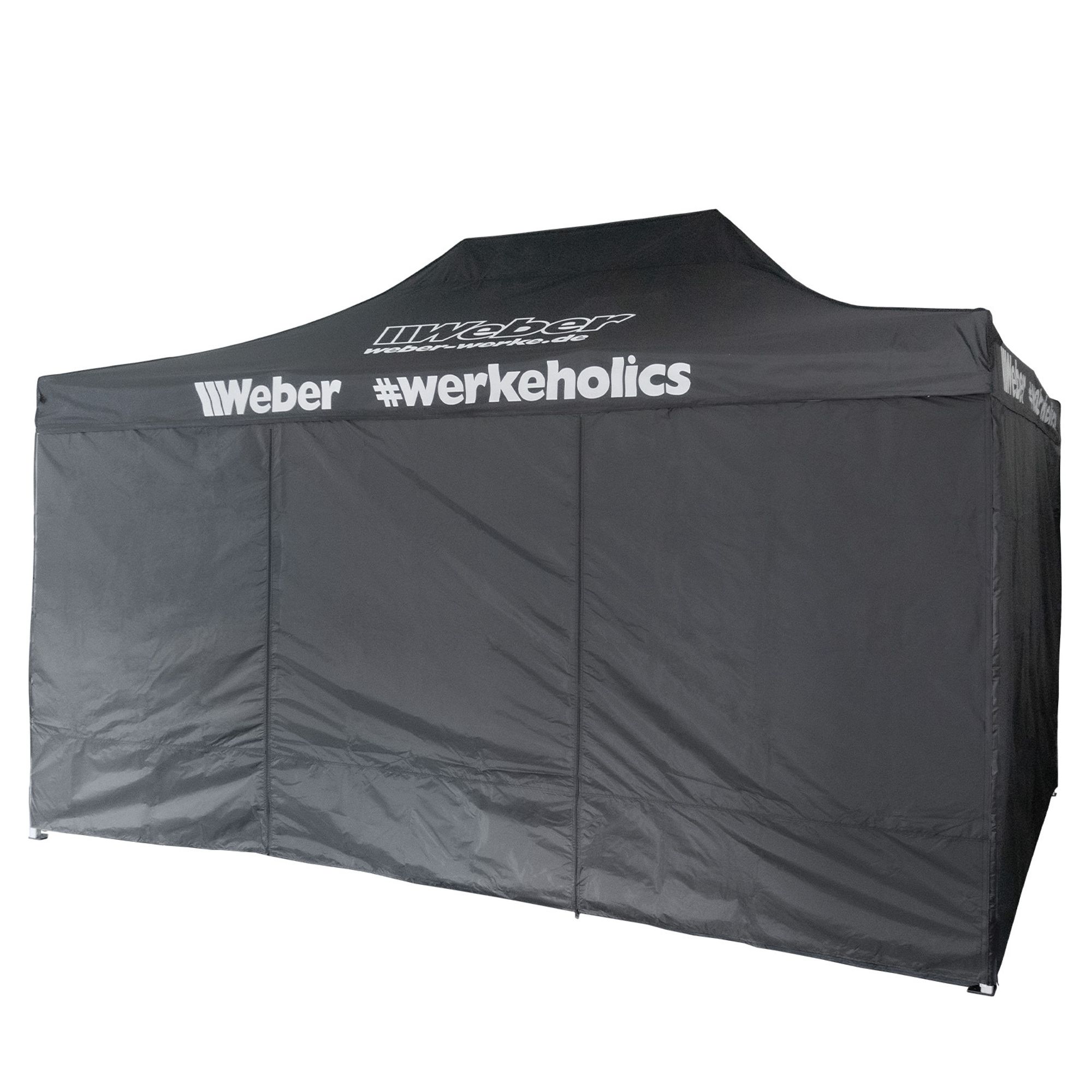 Weber-Werke Easy-Up Pavillon 3×4,5 m (Alu) inkl. 4 Seitenwände + Türöffnung | wetterfest & höhenverstellbar | tragbar + Tragetasche