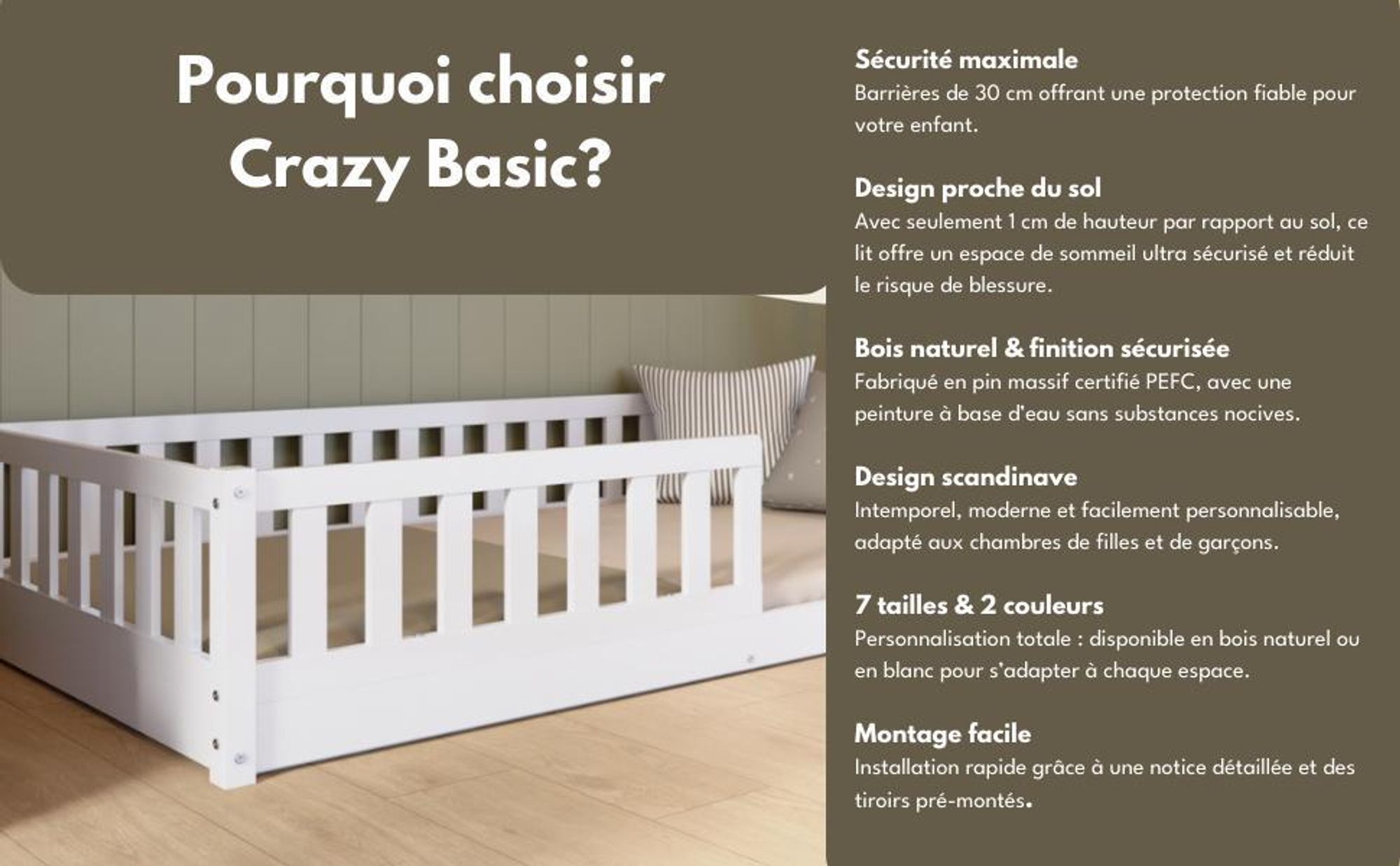 Crazy Pine Lit d'enfant 80x160 cm - Lit de sol Montessori massif en bois avec protection contre les chutes - Crazy Basic