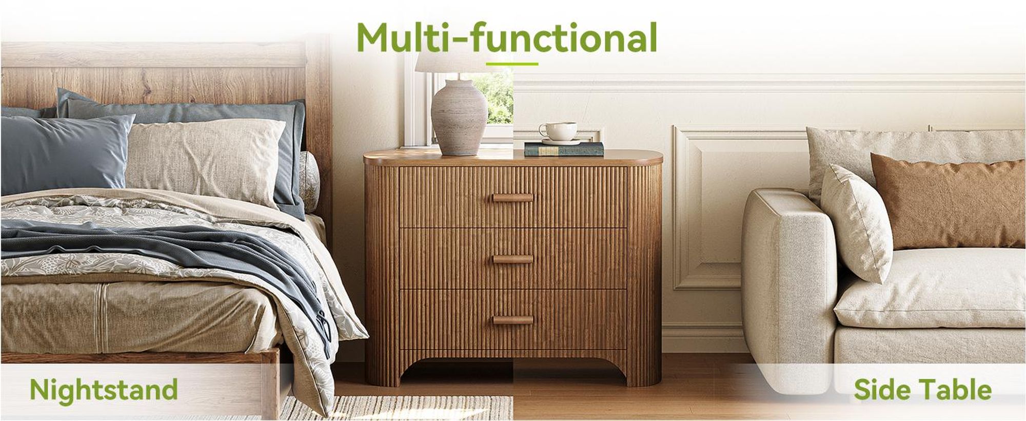 Nachttisch, breiter Nachttisch mit 3 Schubladen, übergroßer Beistelltisch mit geriffelter im Mid-Century-Modern-Stil