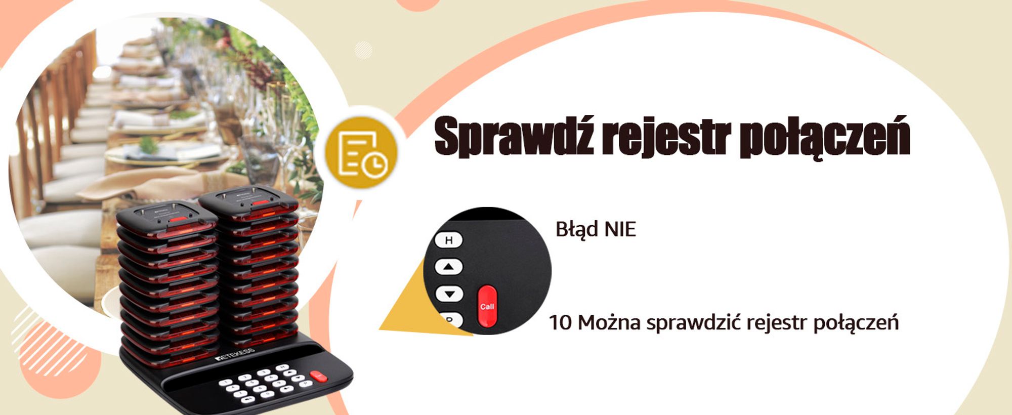 Retekess TD183 bezprzewodowy system pagerów, 20 stabilnych podstawek, pager 30H 300mAh, FSK daleki zasięg 800M,