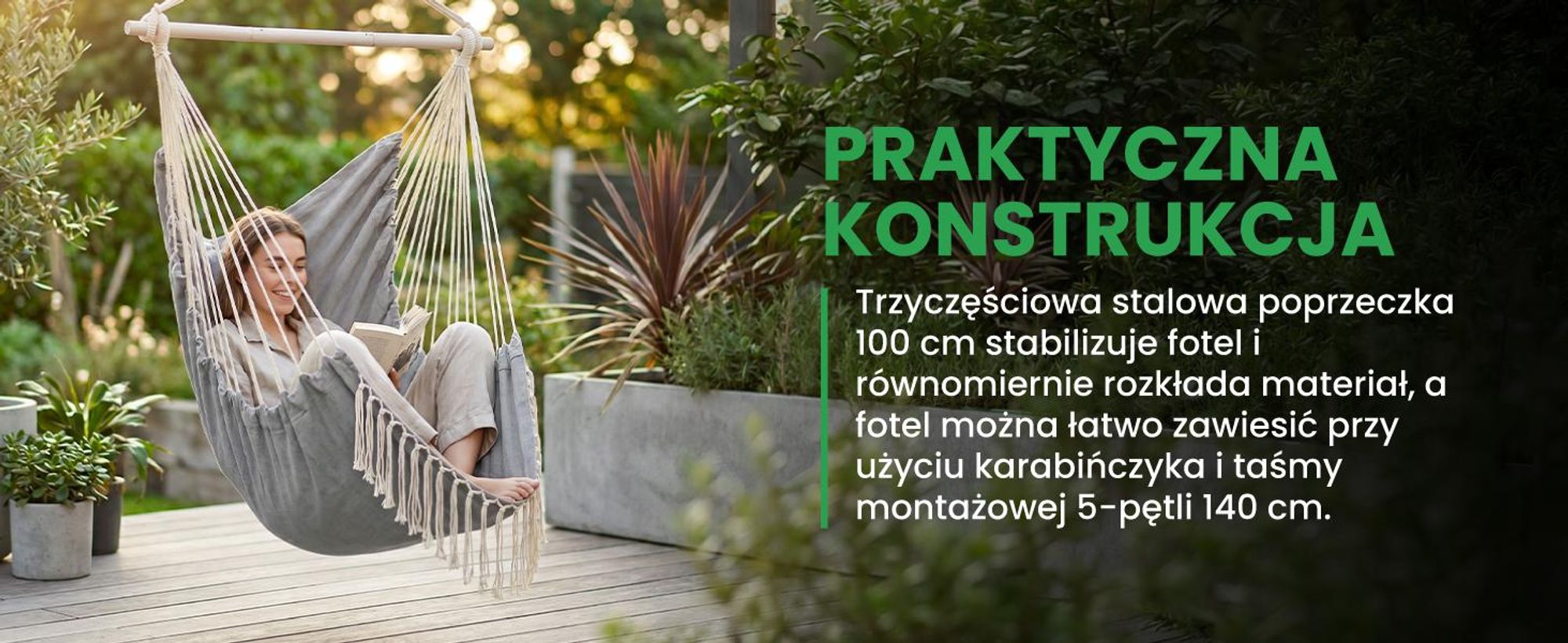 Wiszący fotel ogrodowy w stylu brazyliskim z dwiema poduszkami do wagi 150 kg