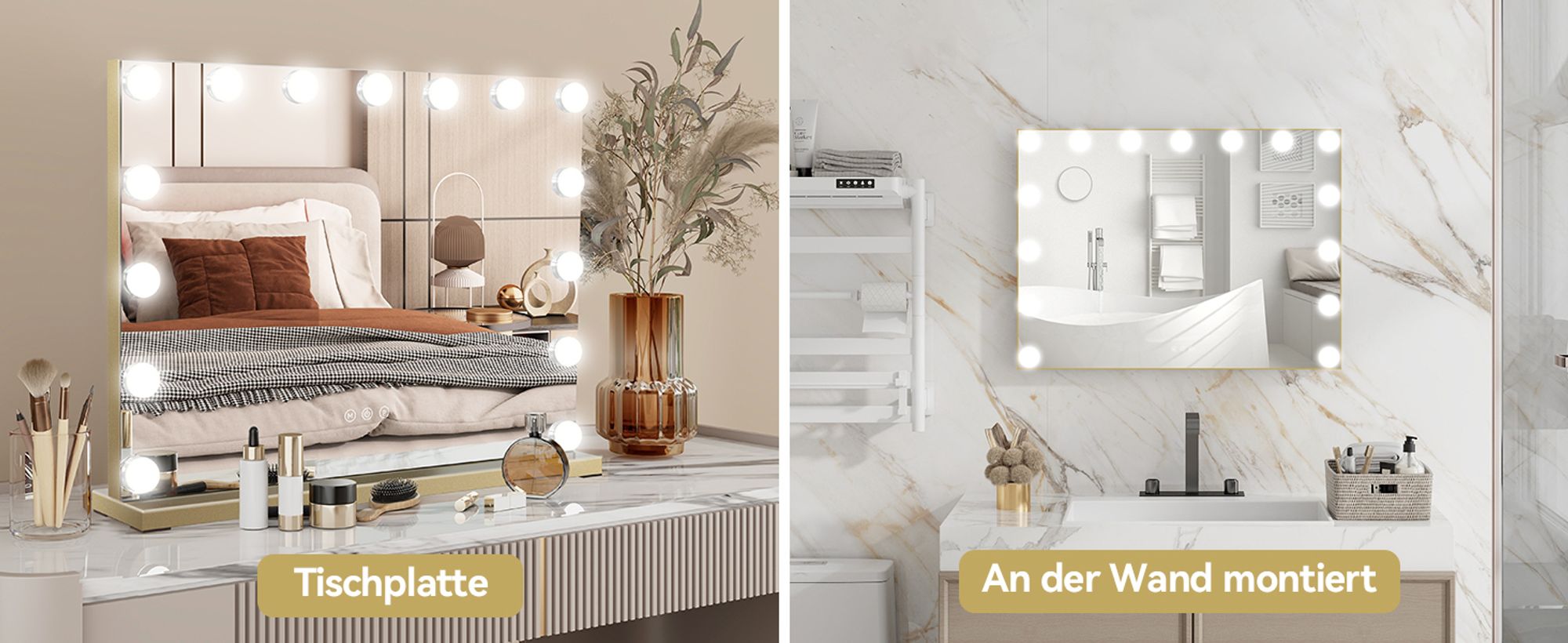 Puluomis Kosmetikspiegel Hollywood 58x45cm Schminkspiegel mit Beleuchtung, 15 LED 3 Farben Dimmbar mit USB,10x Vergrößen, Spiegel Wandspiegel golden