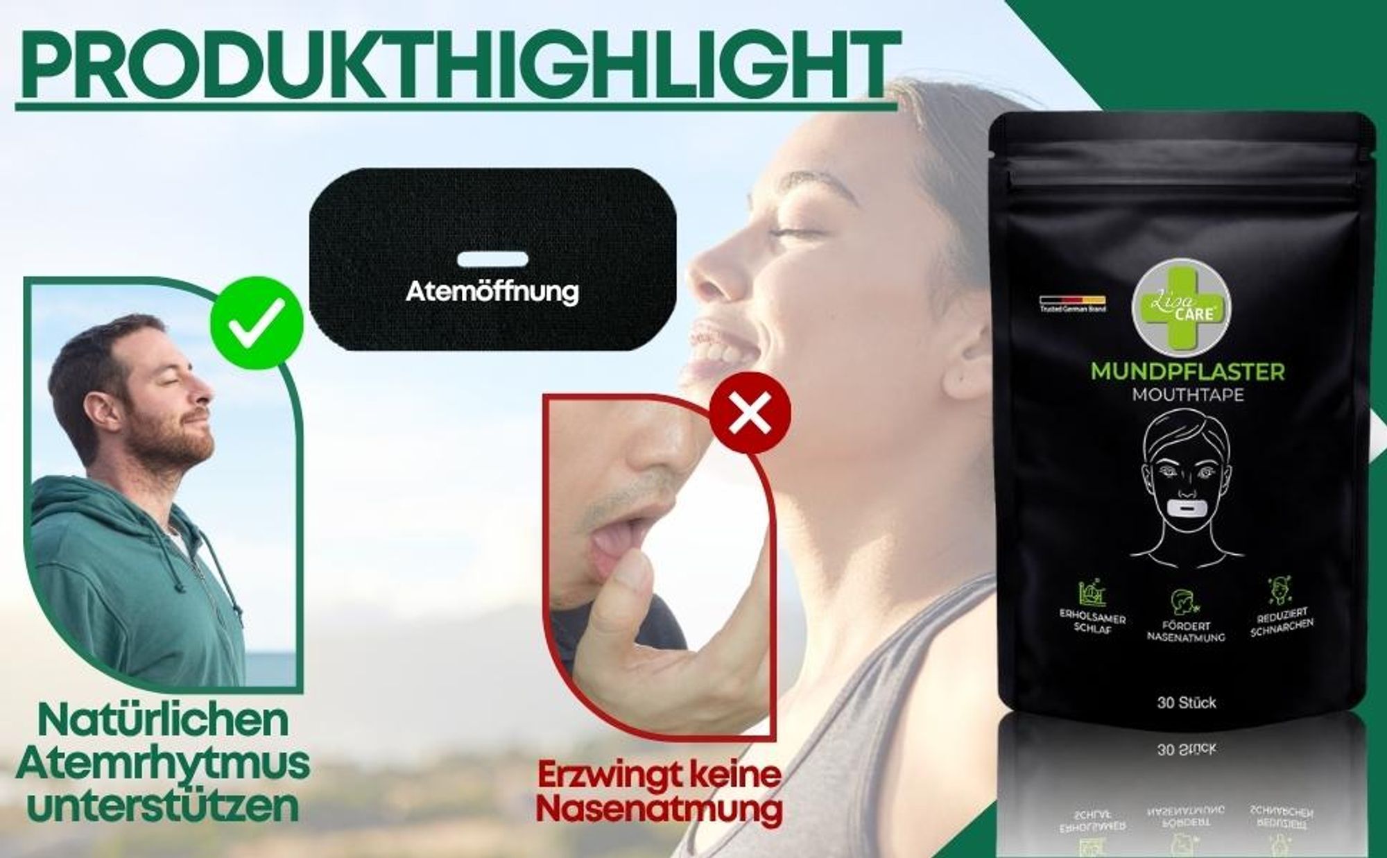 LisaCare Pflaster - Mouth Tape - Mundaufkleber für Nasenatmung - Schwarz - 30 Stück - Schlaf Tape - Schlafpflaster - Mund-Pflaster