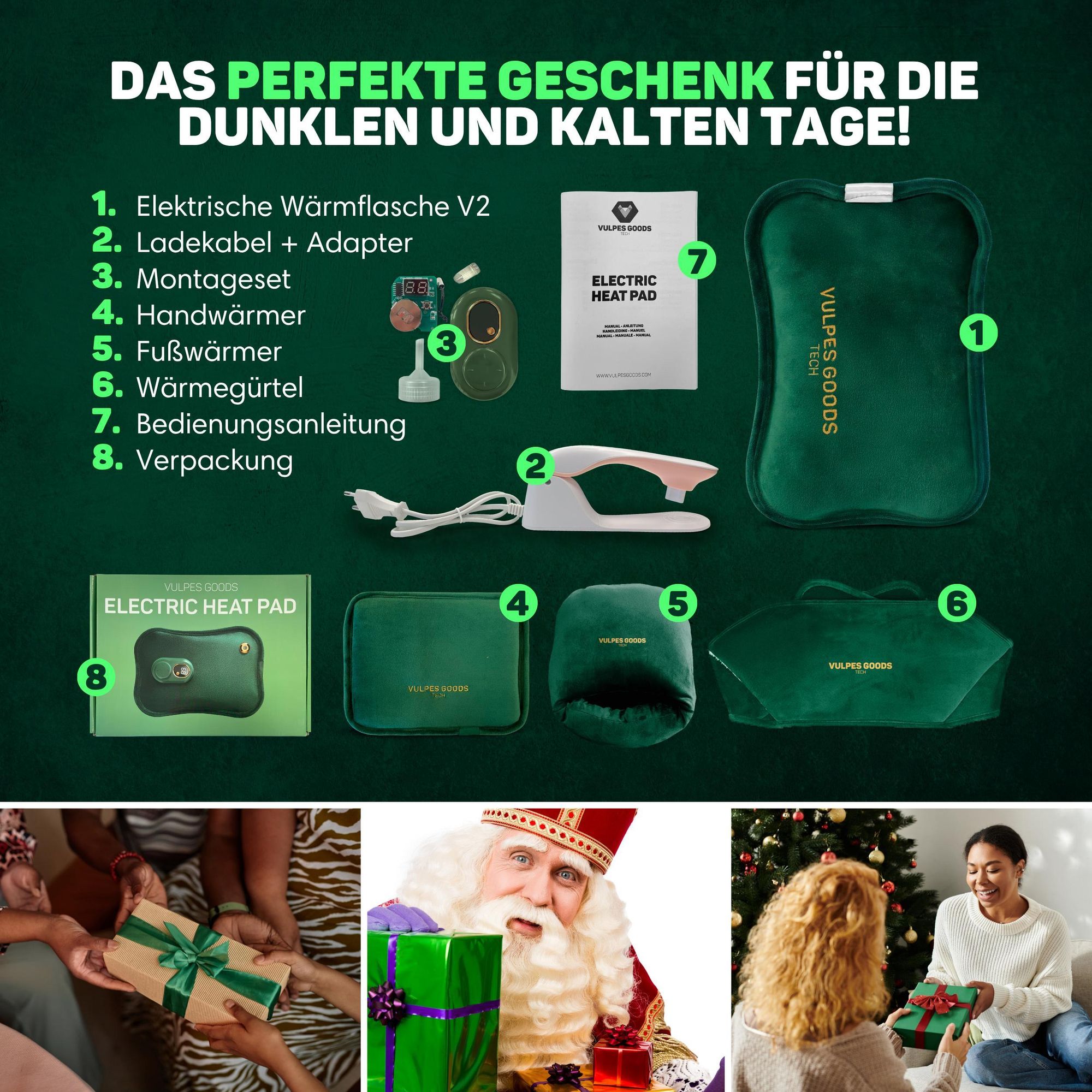 Vulpes Goods Elektrische Wärmflasche, Heizkissen kabellos - Rücken, Nacken & Fuß-Wärmer| Wiederaufladbar Bauchwärmer Wärmekissen mit Digitalanzeige