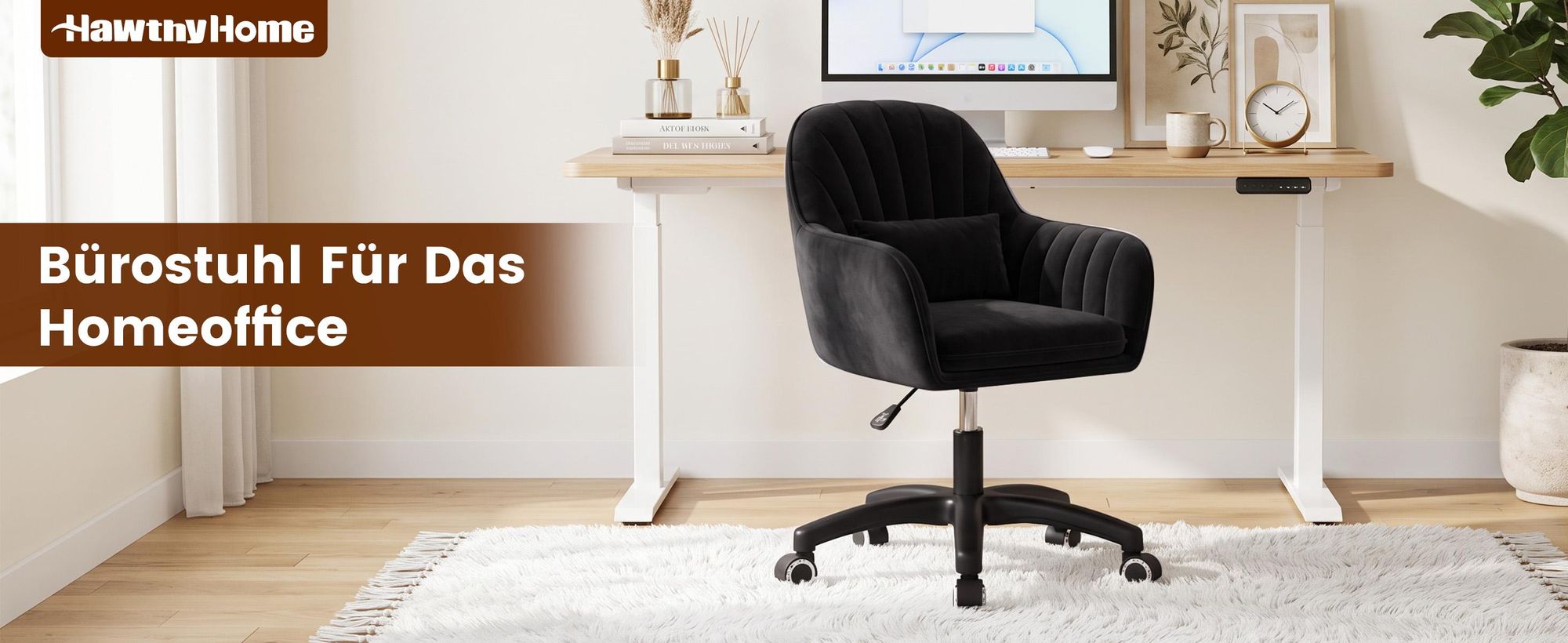 Hawthyhome Homeoffice Stuhl aus Samt mit Kopfkissen Drehbarer Höhenverstellbarer Bürostuhl ergonomisch Schwarz