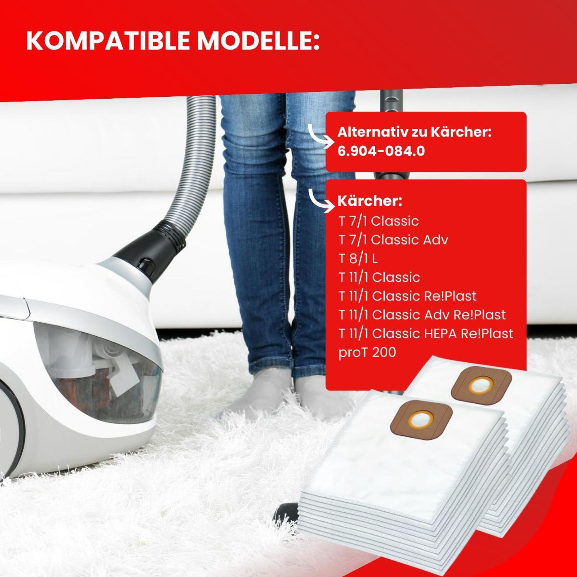 Staubsaugerbeutel für Kärcher: T 7/1 Classic, T 8/1 L, T 11/1, T11/1 Classic Adv Re!Plast, ProT 200 - Ersatz, Alternativ zu 6.904-084.0, 20 Stück
