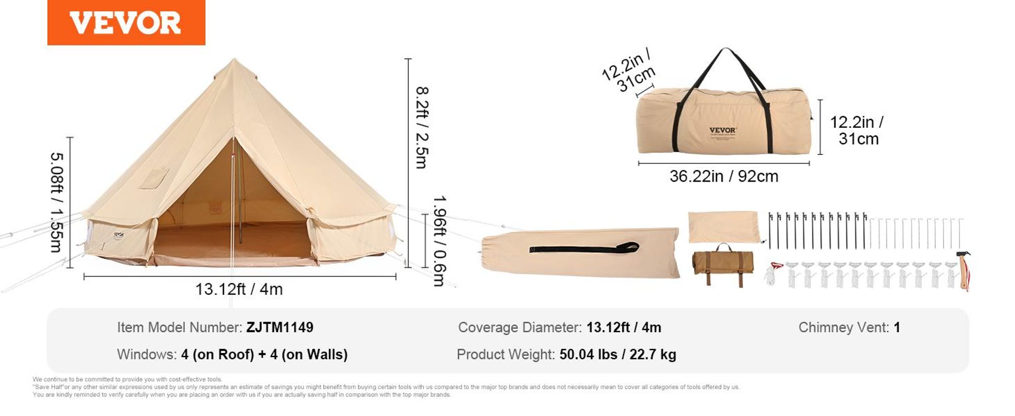 VEVOR Canvas Zelt, 4 Jahreszeiten 5 m/16,4 ft Glockenzelt, Canvas Zelt für Camping mit Ofenanschluss, atmungsaktives Jurtenzelt für bis zu 8 Personen, Familiencamping Outdoor Jagd Party, 6 Personen-4 m