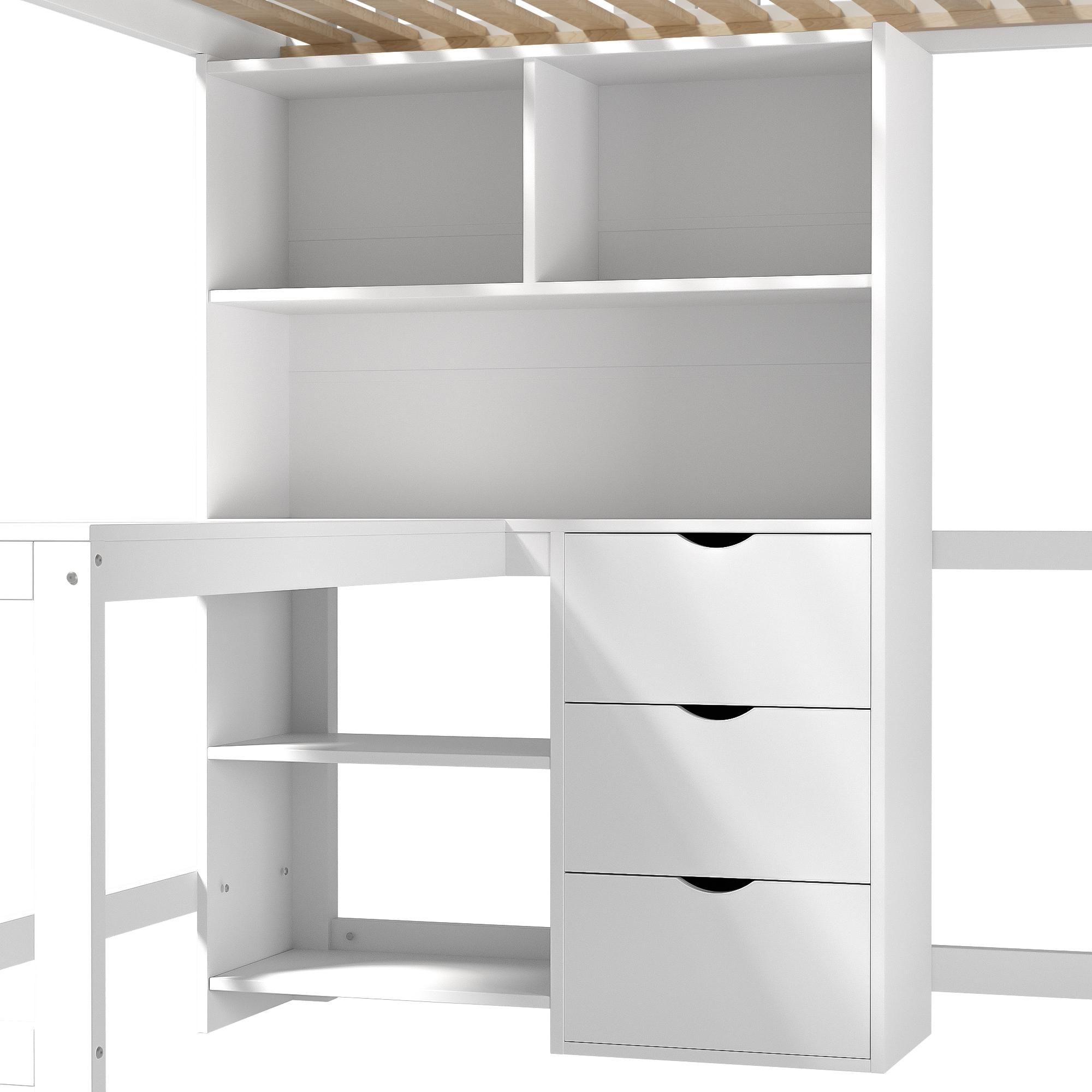Flieks Etagenbett 140x200cm mit Schreibtisch und Regal, Kinderbett Hochbett mit Lattenrost, Stockbett Doppelbett mit Leiter, Weiß