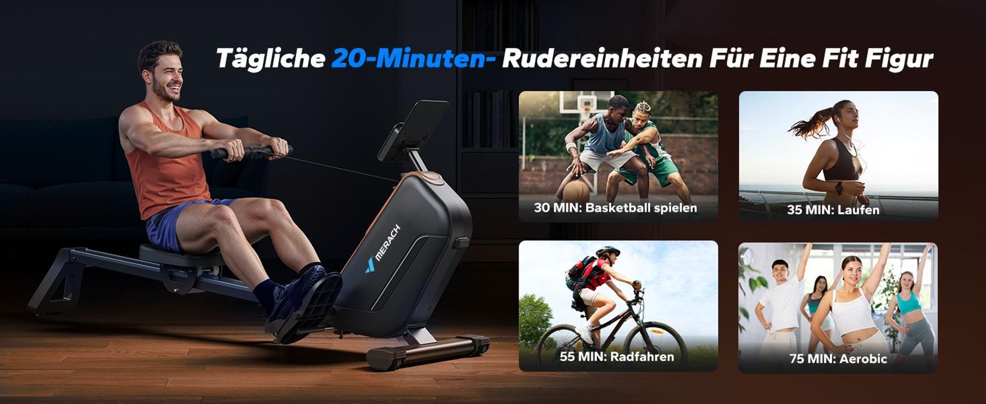 MERACH magnetisches Rudergerät – leise, 16 Stufen, LCD-Display & Bluetooth-App, verstellbare Tablet-Halterung, 160 kg, vertikal klappbar